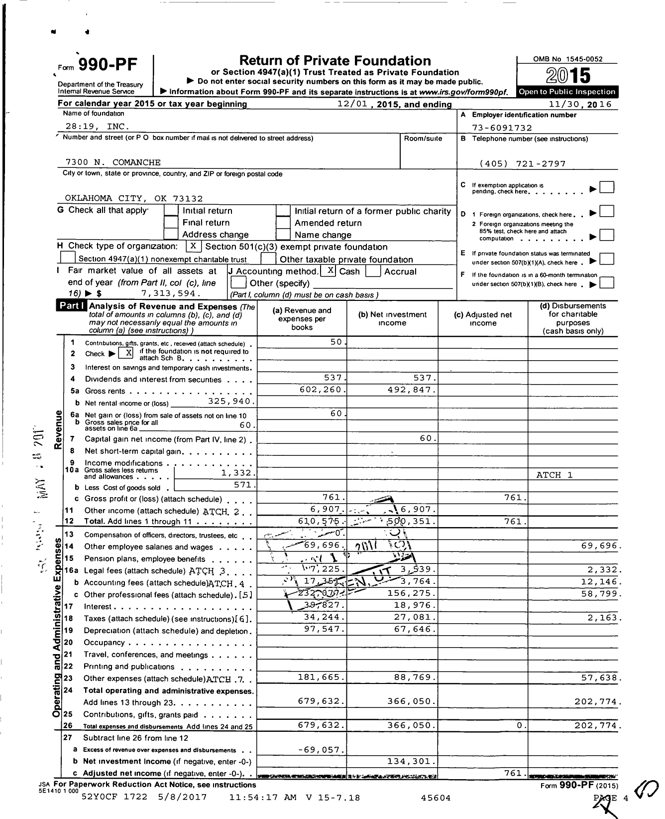 Image of first page of 2015 Form 990PF for 2819 Inc