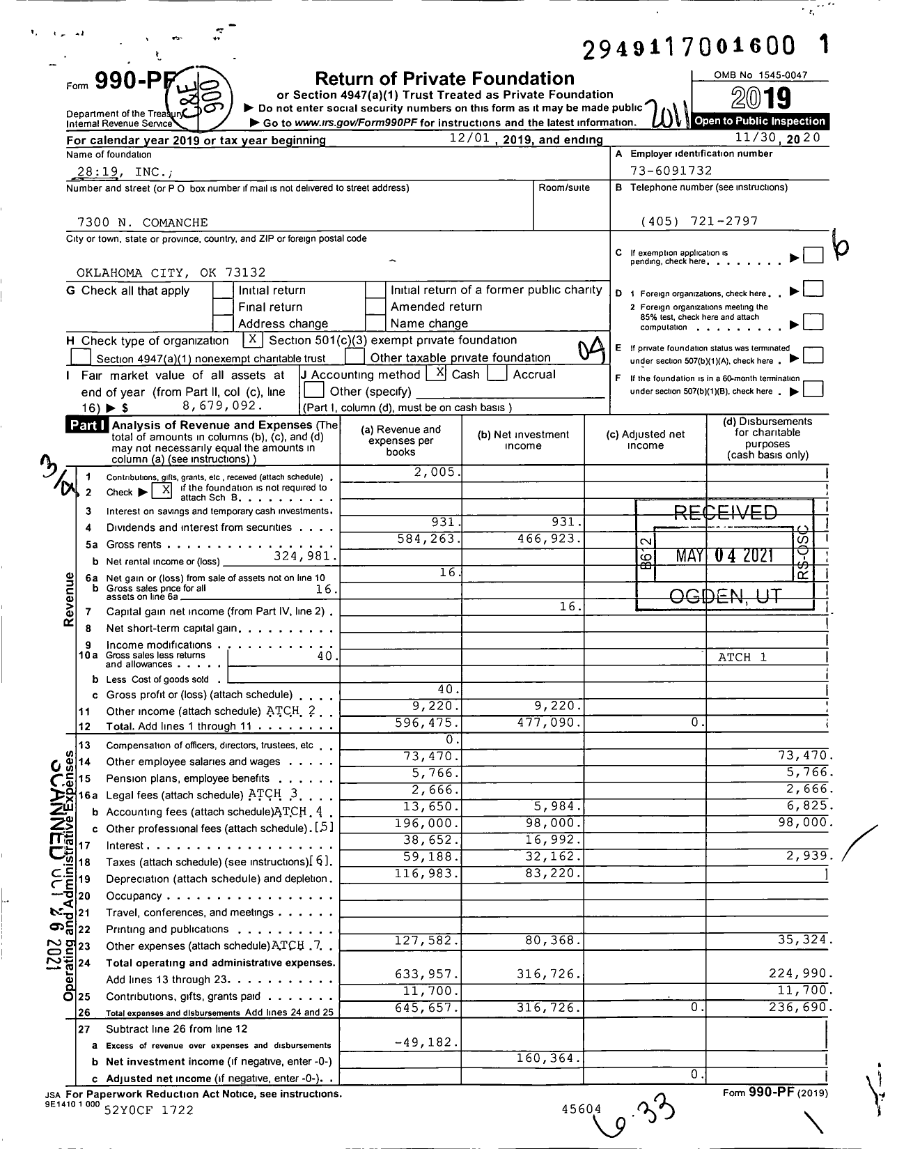 Image of first page of 2019 Form 990PF for 2819 Inc