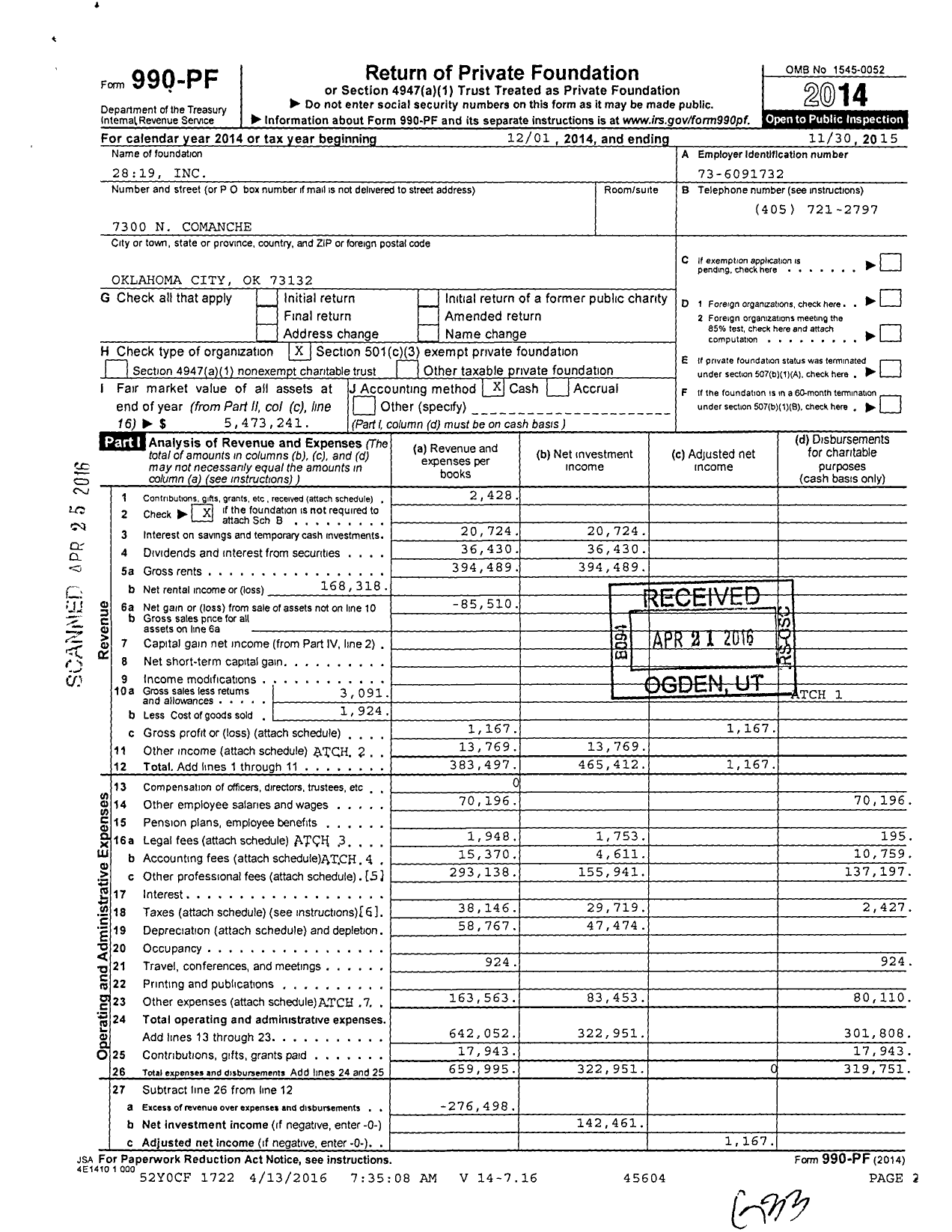 Image of first page of 2014 Form 990PF for 2819 Inc