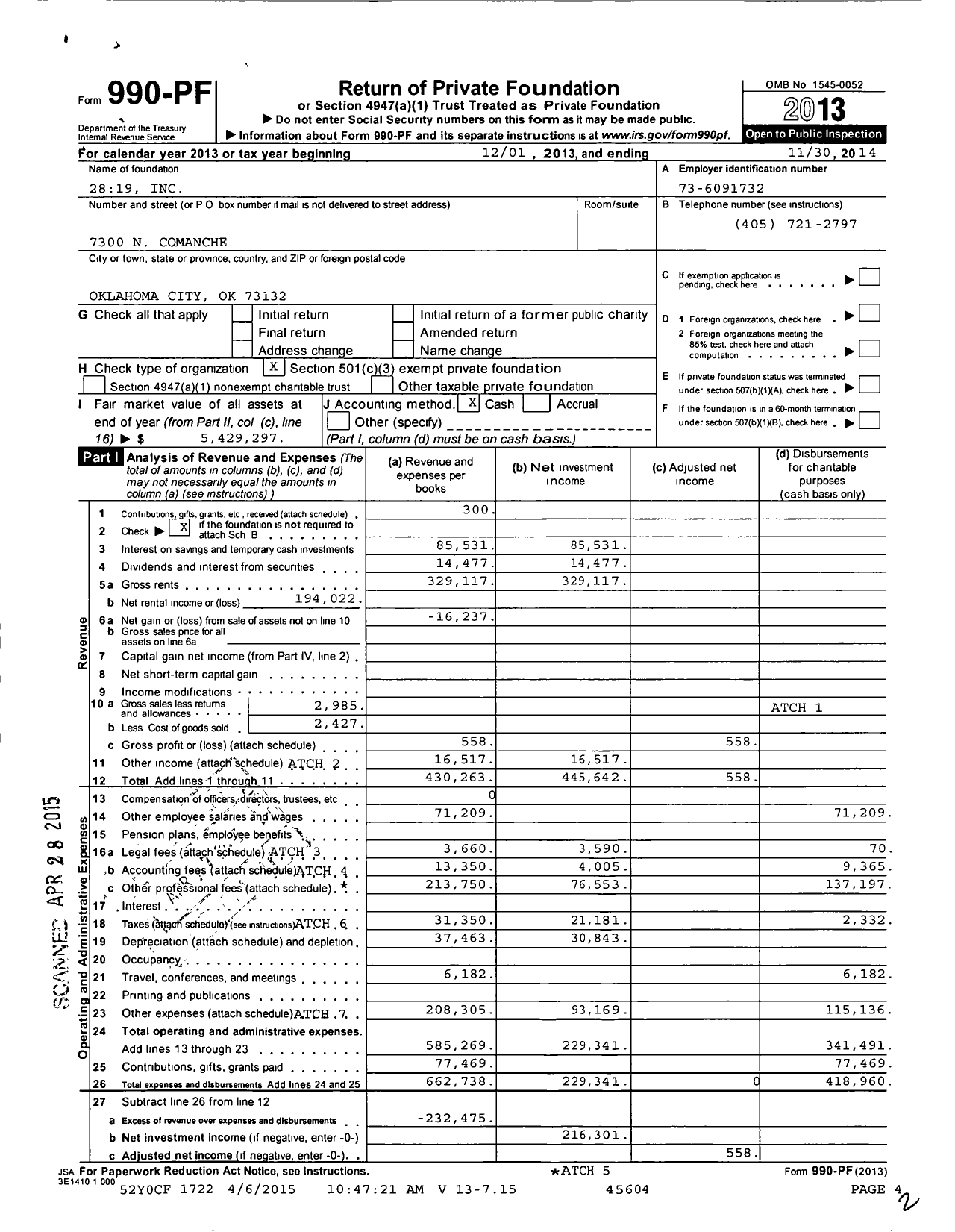 Image of first page of 2013 Form 990PF for 2819 Inc