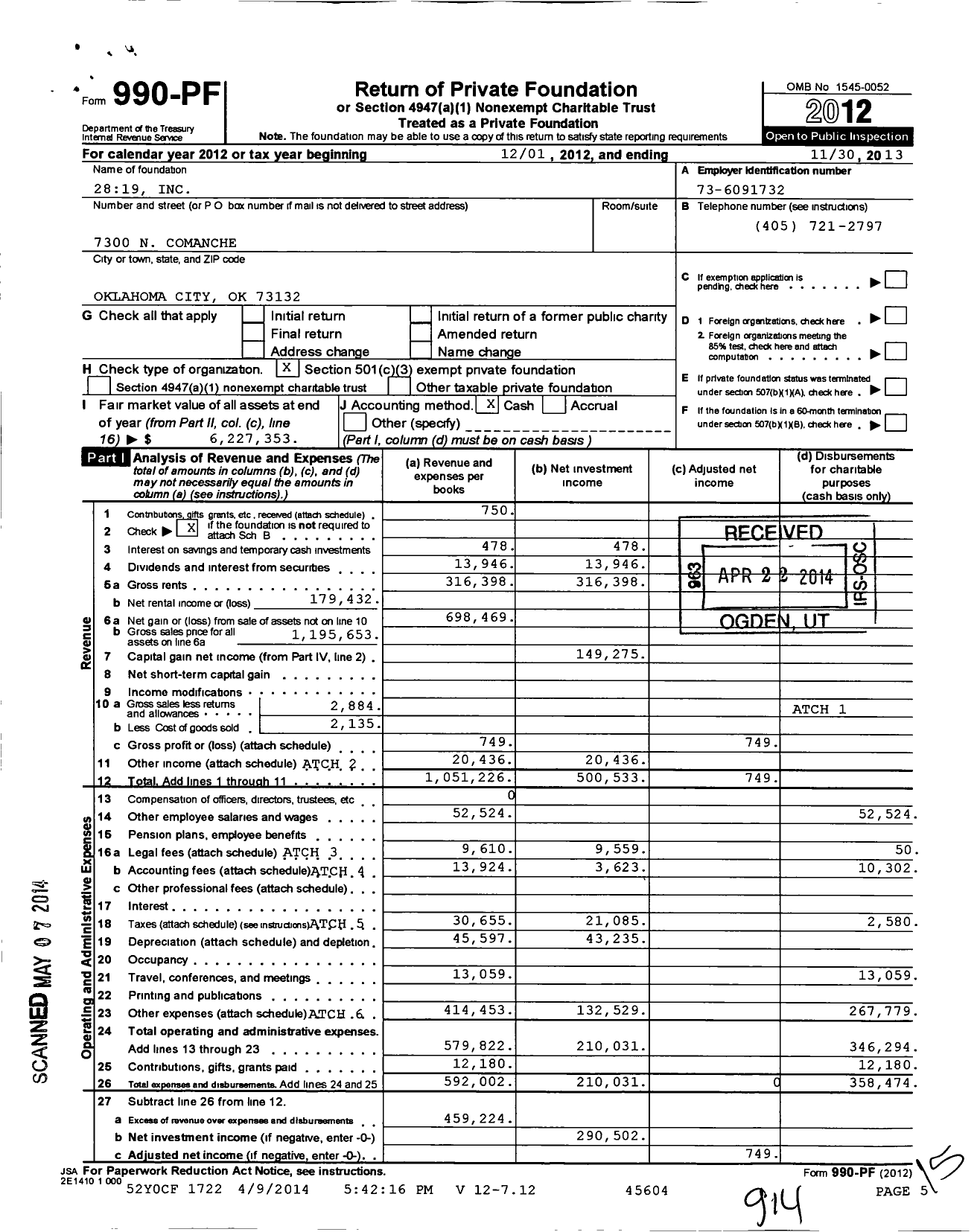 Image of first page of 2012 Form 990PF for 2819 Inc