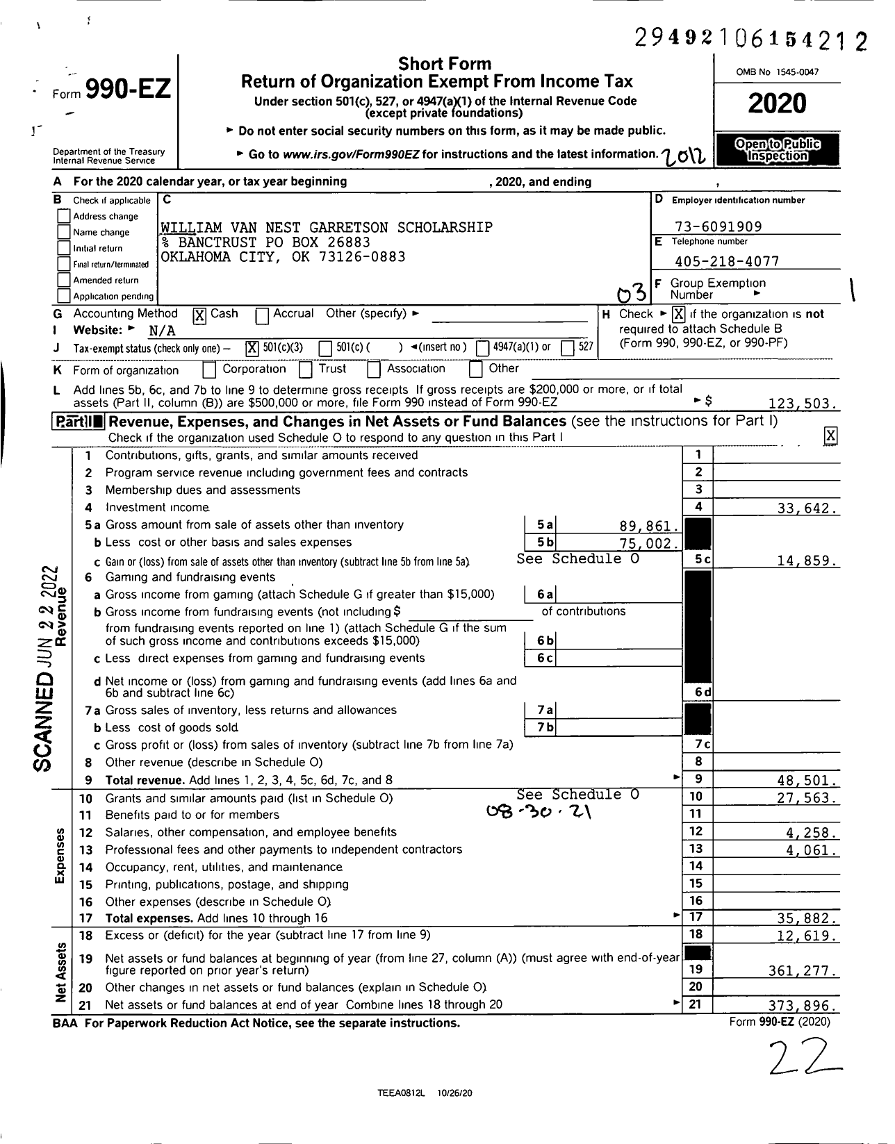 Image of first page of 2020 Form 990EZ for William Van Nest Garretson Scholarship