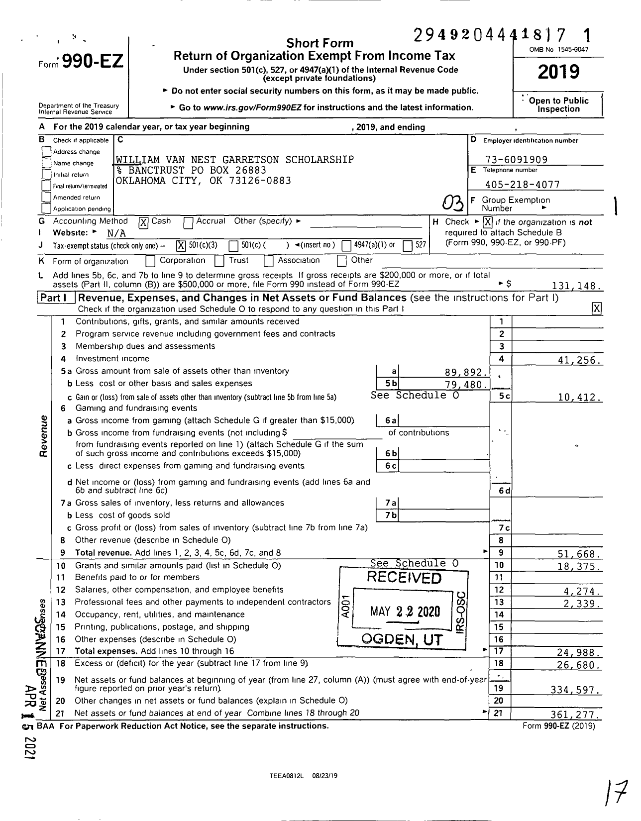 Image of first page of 2019 Form 990EZ for William Van Nest Garretson Scholarship