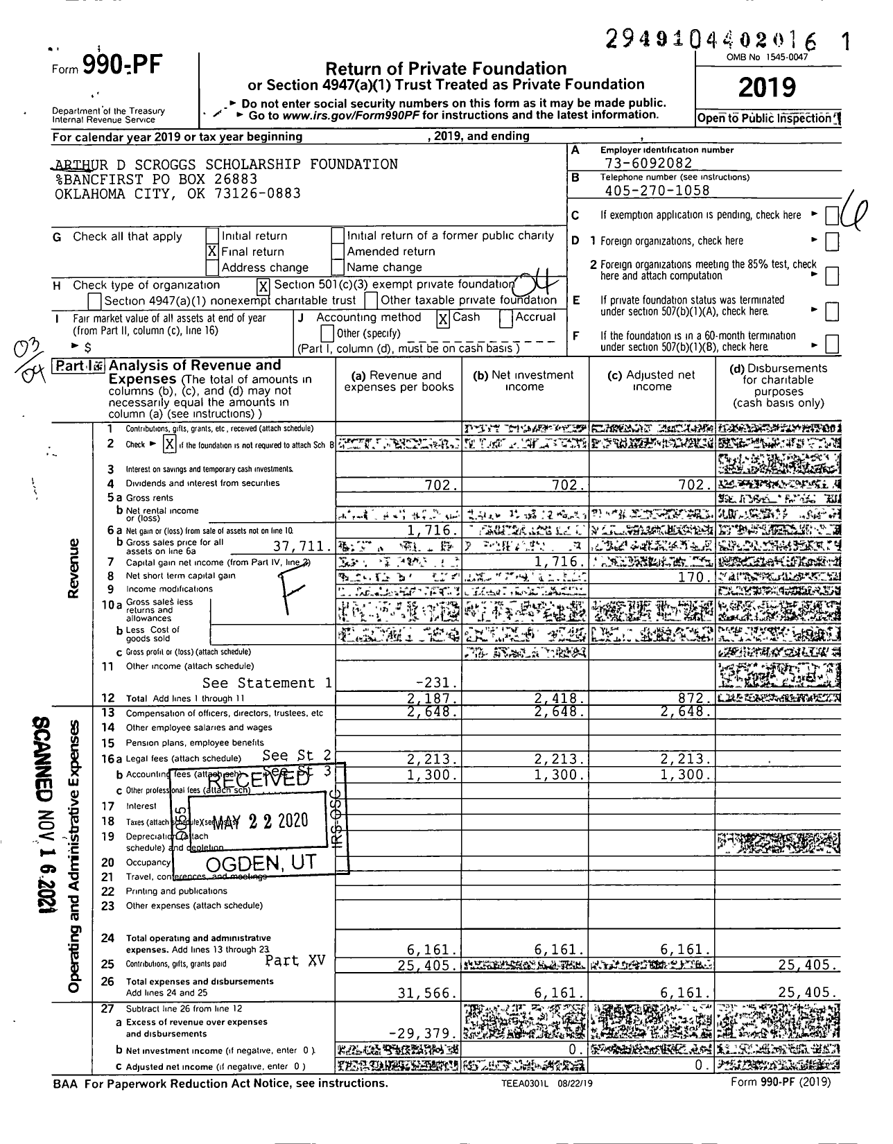 Image of first page of 2019 Form 990PF for Arthur D Scroggs Scholarship Foundation