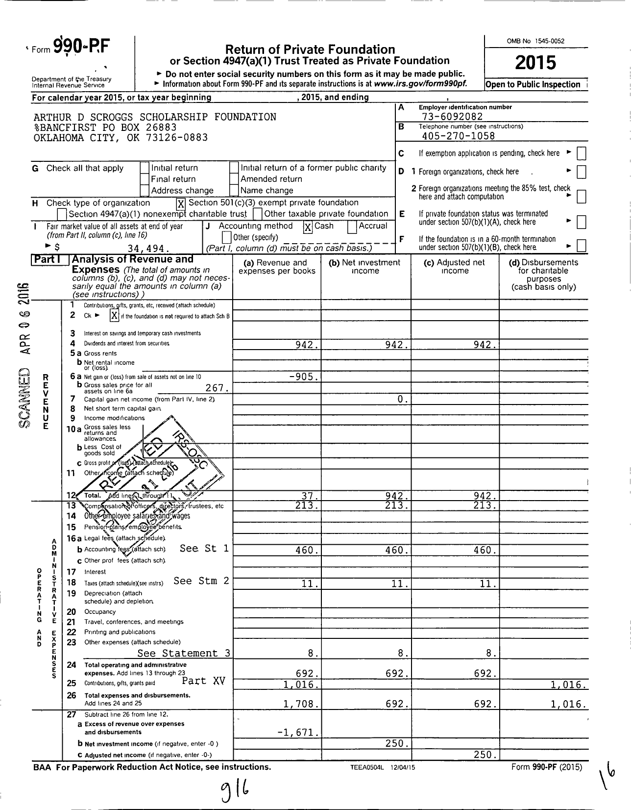 Image of first page of 2015 Form 990PF for Arthur D Scroggs Scholarship Foundation