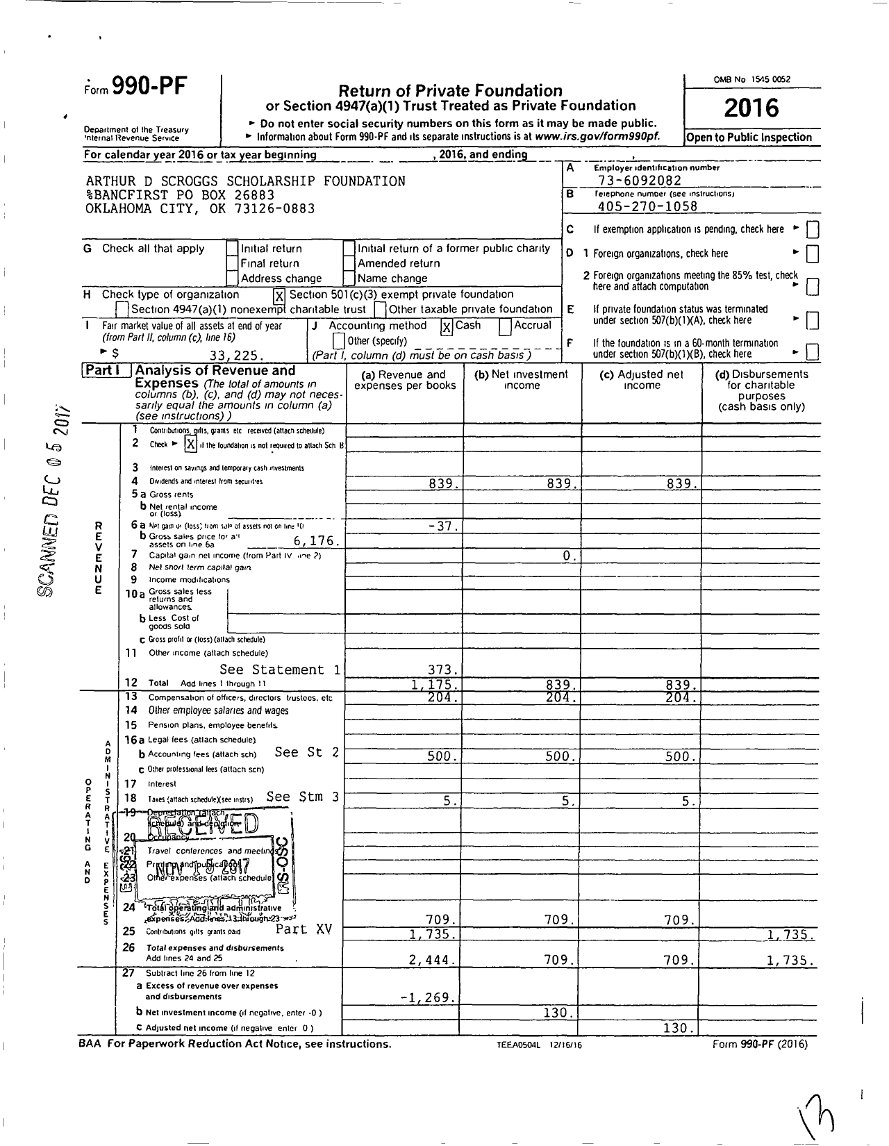 Image of first page of 2016 Form 990PF for Arthur D Scroggs Scholarship Foundation