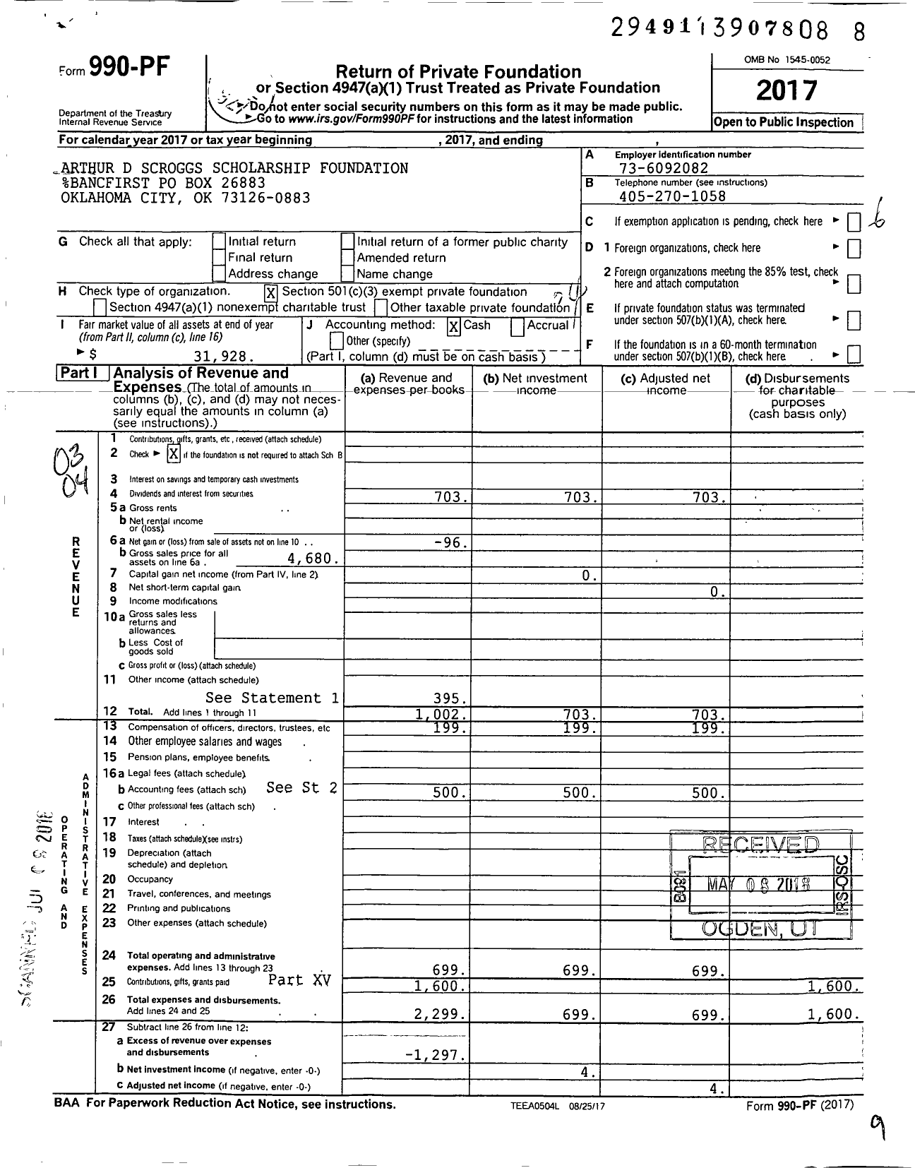 Image of first page of 2017 Form 990PF for Arthur D Scroggs Scholarship Foundation