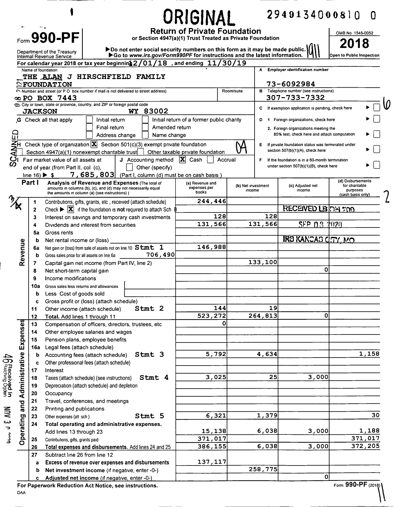 Image of first page of 2018 Form 990PF for The Alan J Hirschfield Family Foundation