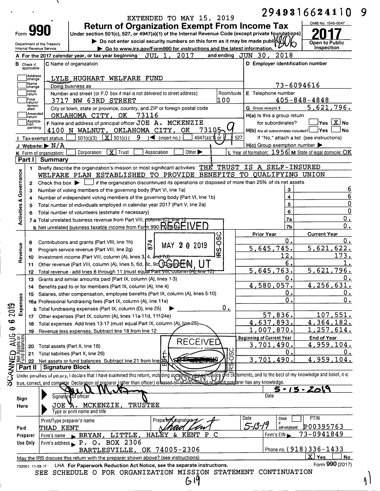 Image of first page of 2017 Form 990O for Lyle Hughart Welfare Fund