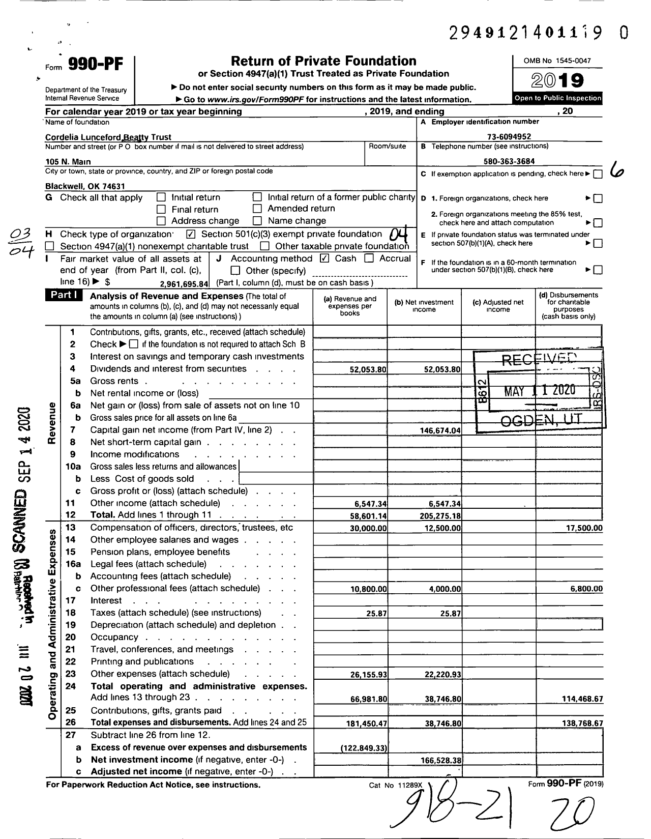 Image of first page of 2019 Form 990PR for Cordelia Lunceford Beatty Trust