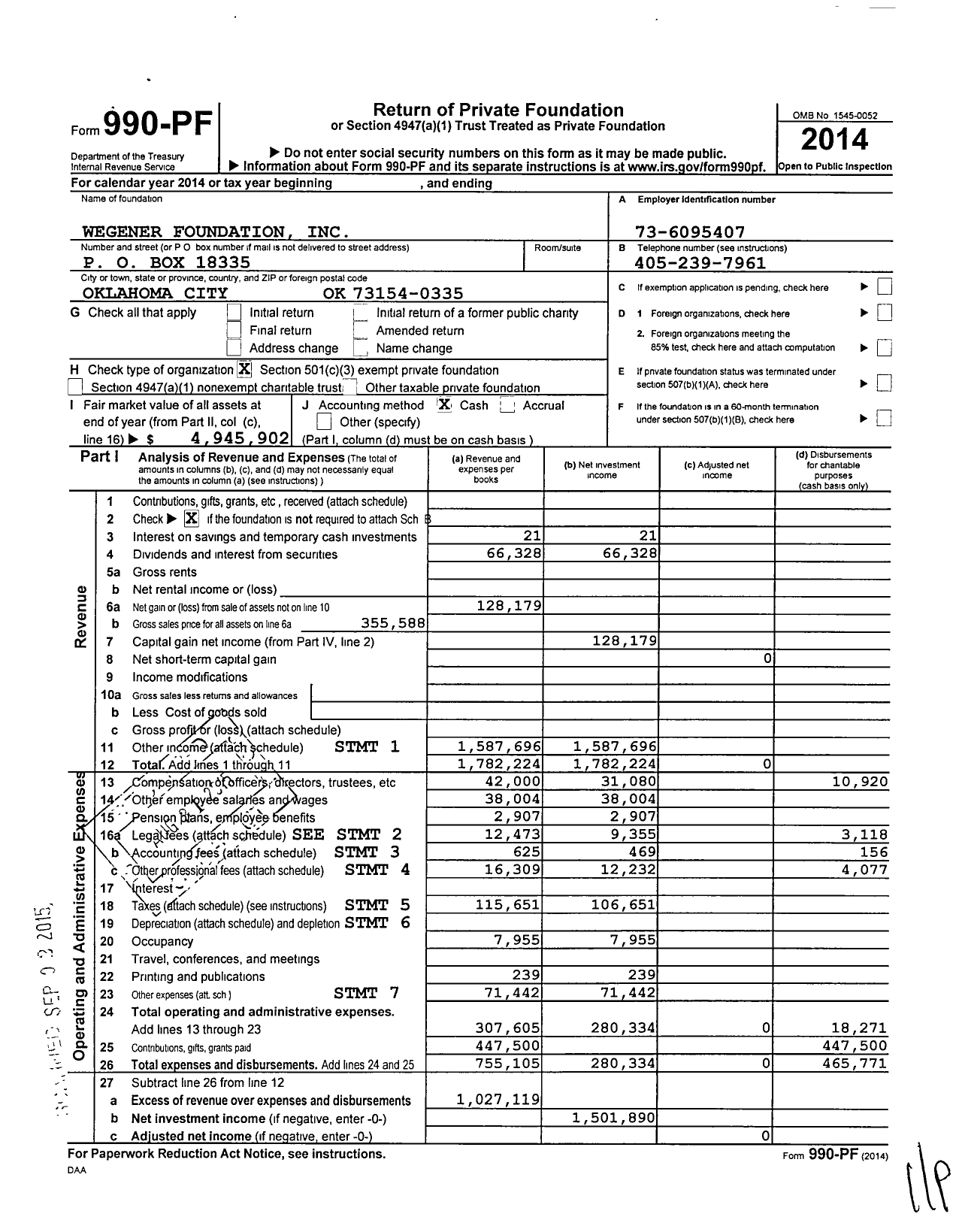 Image of first page of 2014 Form 990PF for Wegener Foundation