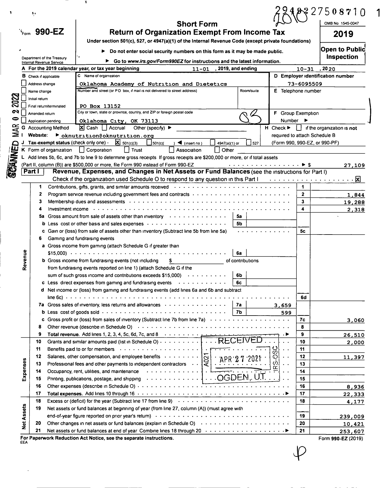 Image of first page of 2019 Form 990EZ for Oklahoma Academy of Nutrition and Dietetics