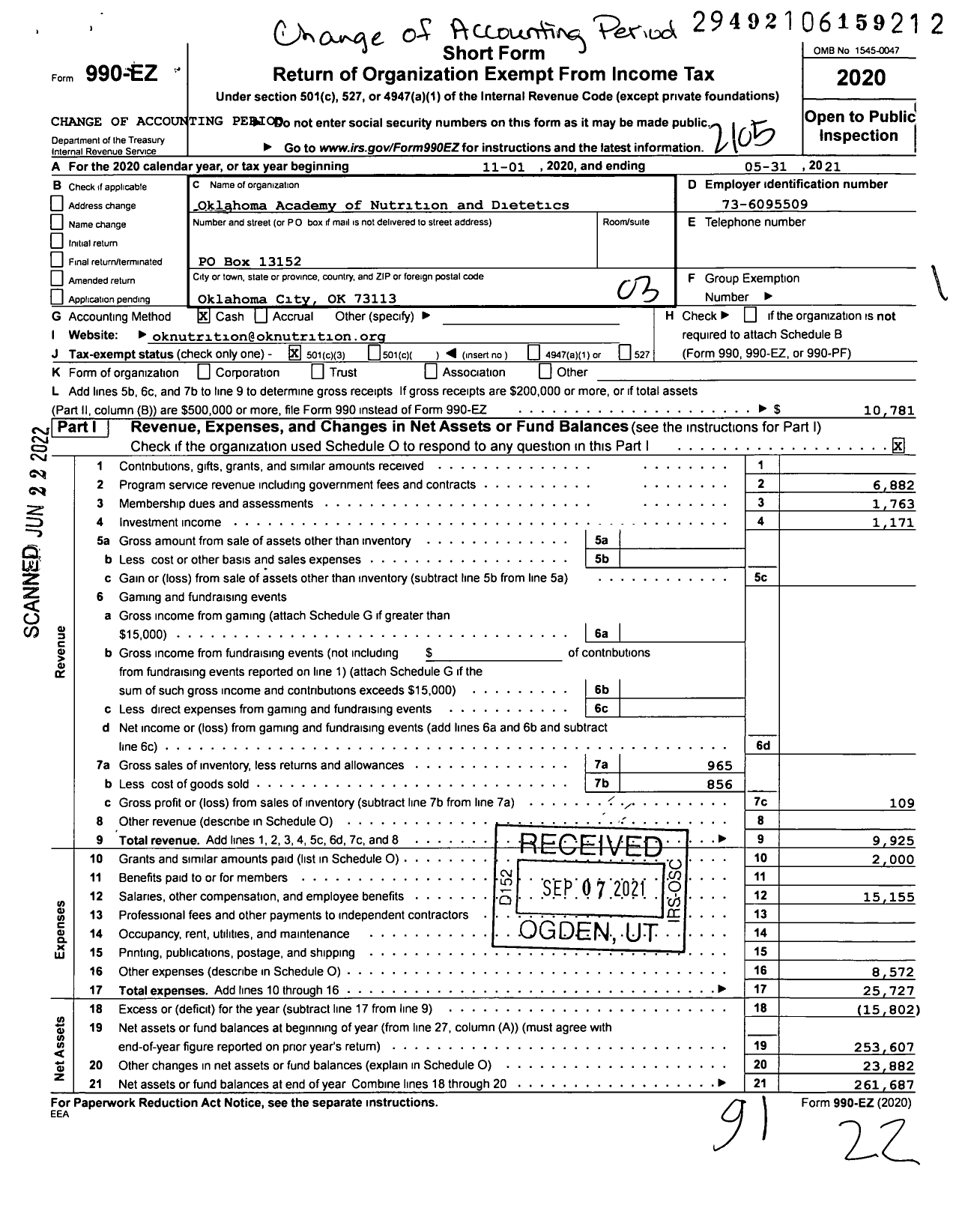 Image of first page of 2020 Form 990EZ for Oklahoma Academy of Nutrition and Dietetics