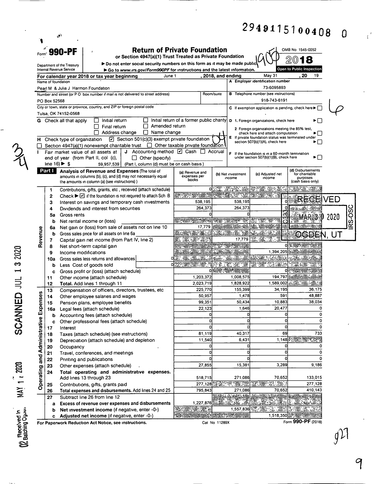 Image of first page of 2018 Form 990PR for Pearl M and Julia J Harmon Foundation