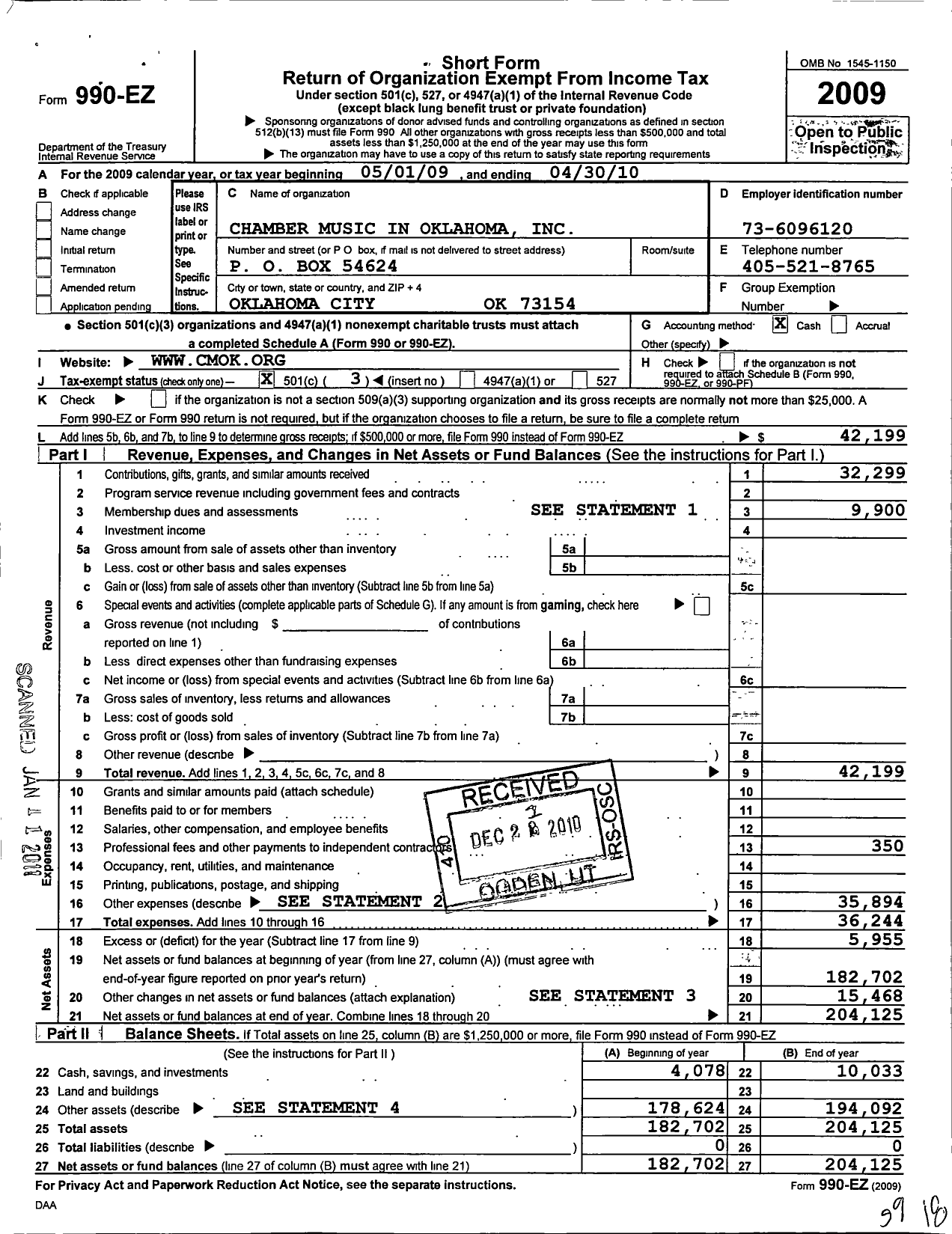 Image of first page of 2009 Form 990EZ for Chamber Music in Oklahoma Incorporated