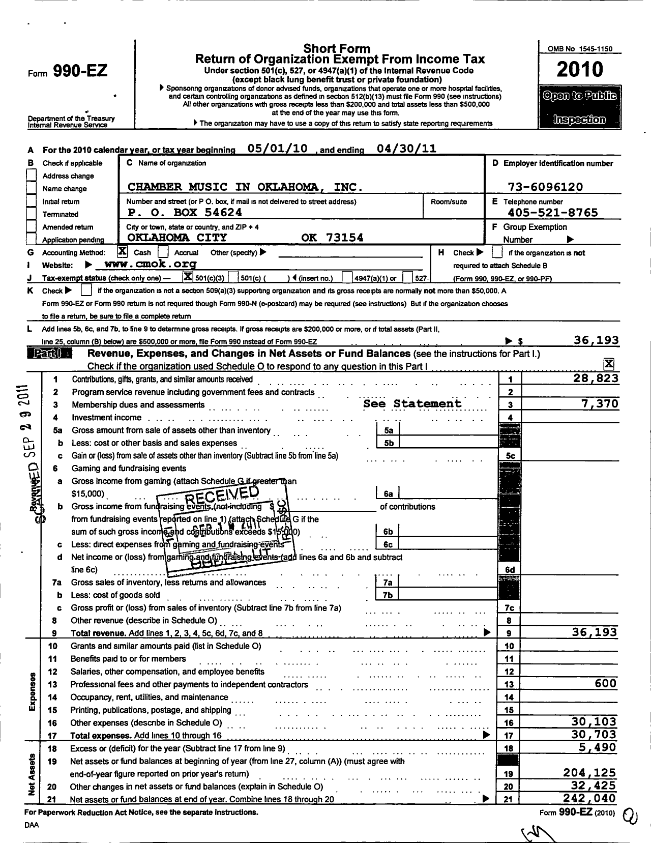 Image of first page of 2010 Form 990EZ for Chamber Music in Oklahoma Incorporated