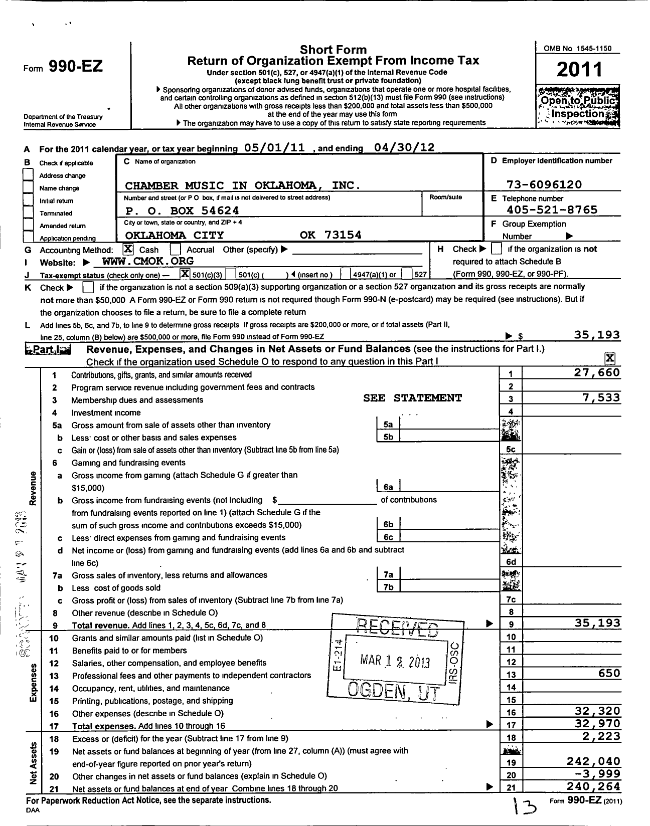 Image of first page of 2011 Form 990EZ for Chamber Music in Oklahoma Incorporated