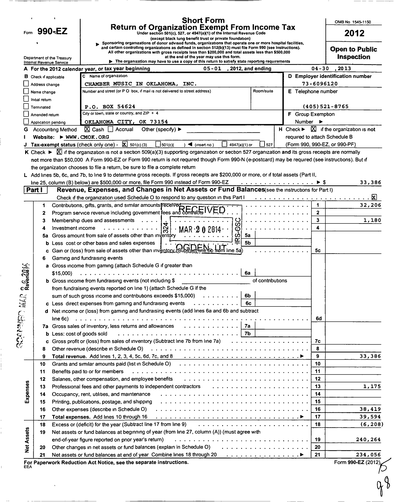 Image of first page of 2012 Form 990EZ for Chamber Music in Oklahoma Incorporated