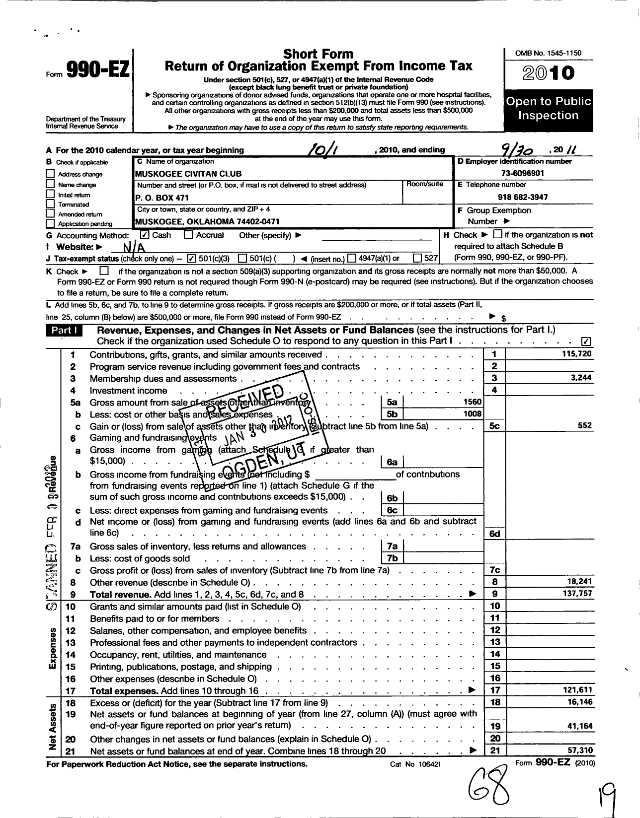 Image of first page of 2010 Form 990EZ for Civitan International / Muskogee Inc Ok