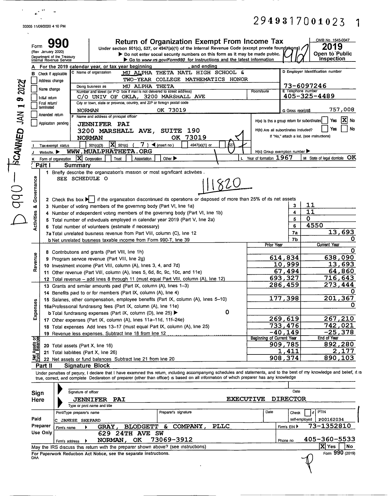 Image of first page of 2019 Form 990O for Mu Alpha Theta