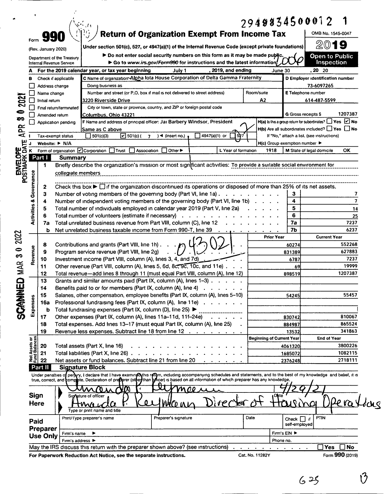 Image of first page of 2019 Form 990O for Alpha Iota House Corporation of Delta Gamma Fraternity