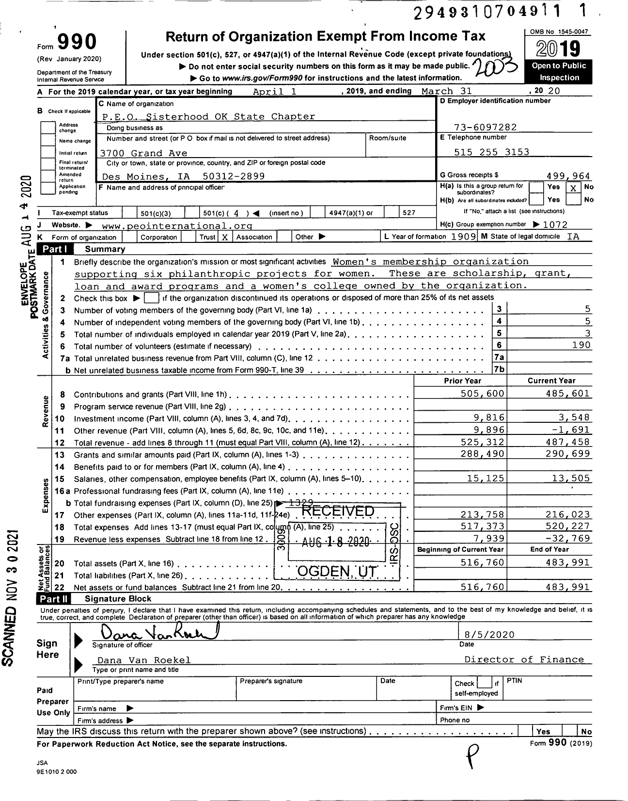 Image of first page of 2019 Form 990O for PEO Sisterhood International - 73 OK State Chapter