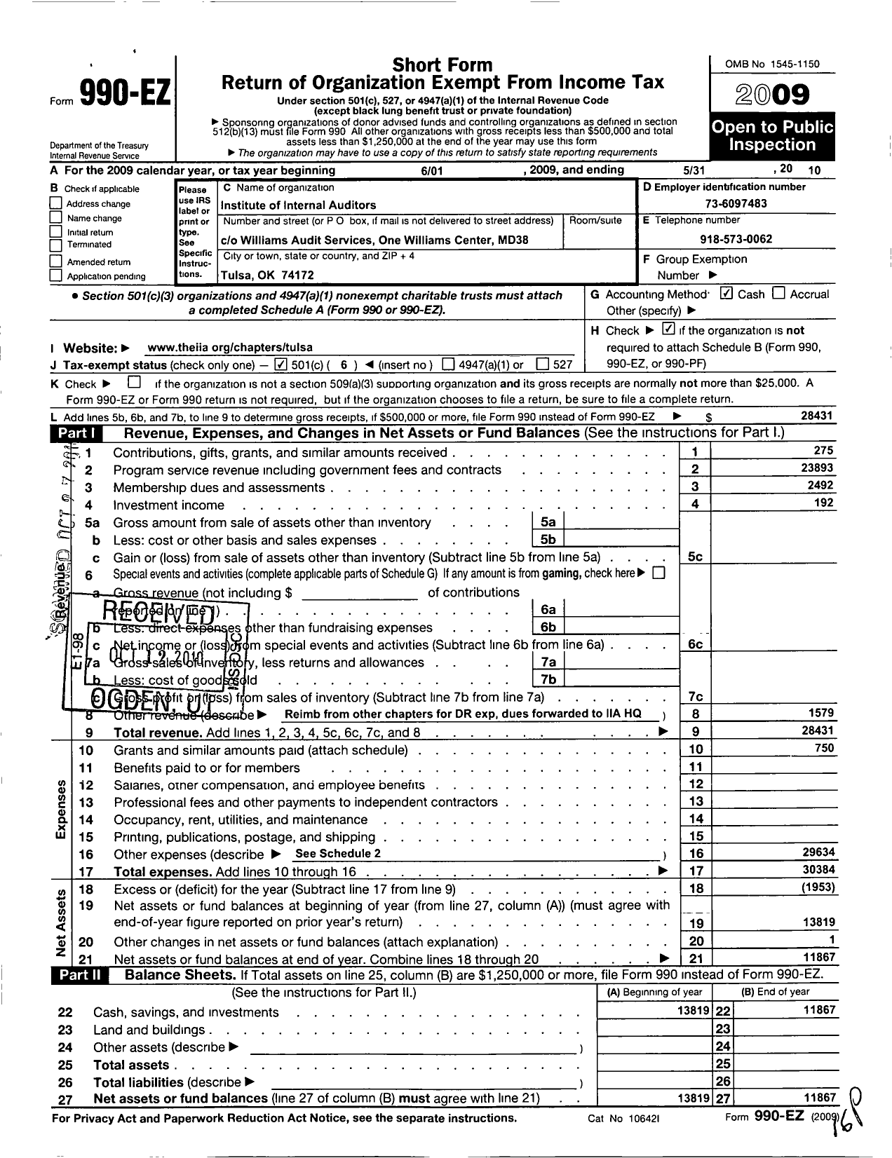 Image of first page of 2009 Form 990EO for Institute of Internal Auditors / Tulsa Chapter