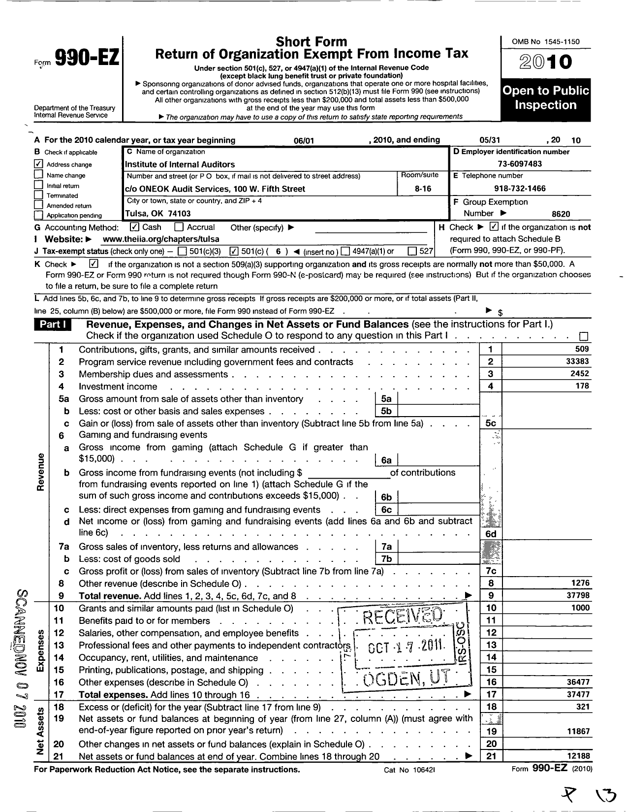 Image of first page of 2009 Form 990EO for Institute of Internal Auditors / Tulsa Chapter