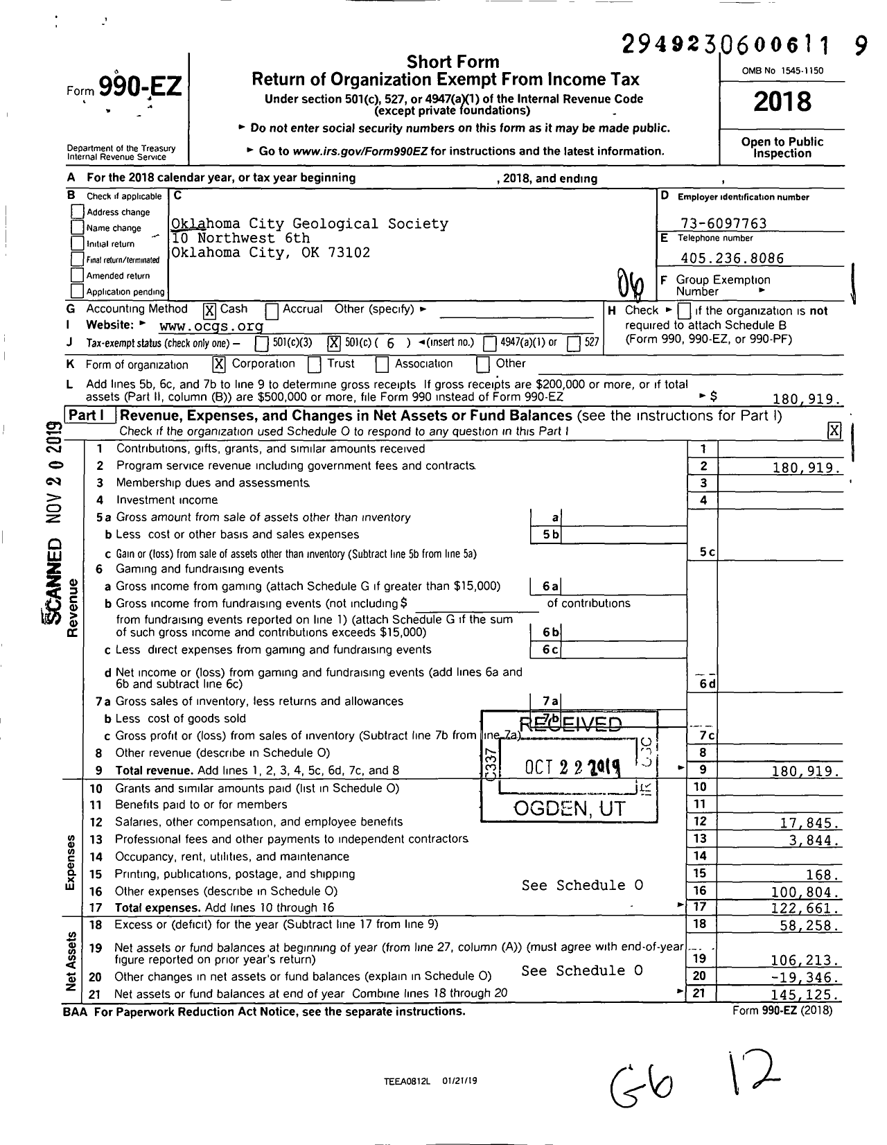 Image of first page of 2018 Form 990EO for Oklahoma City Geological Society