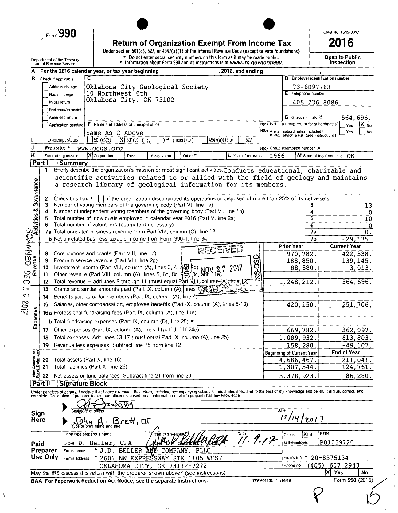 Image of first page of 2016 Form 990O for Oklahoma City Geological Society