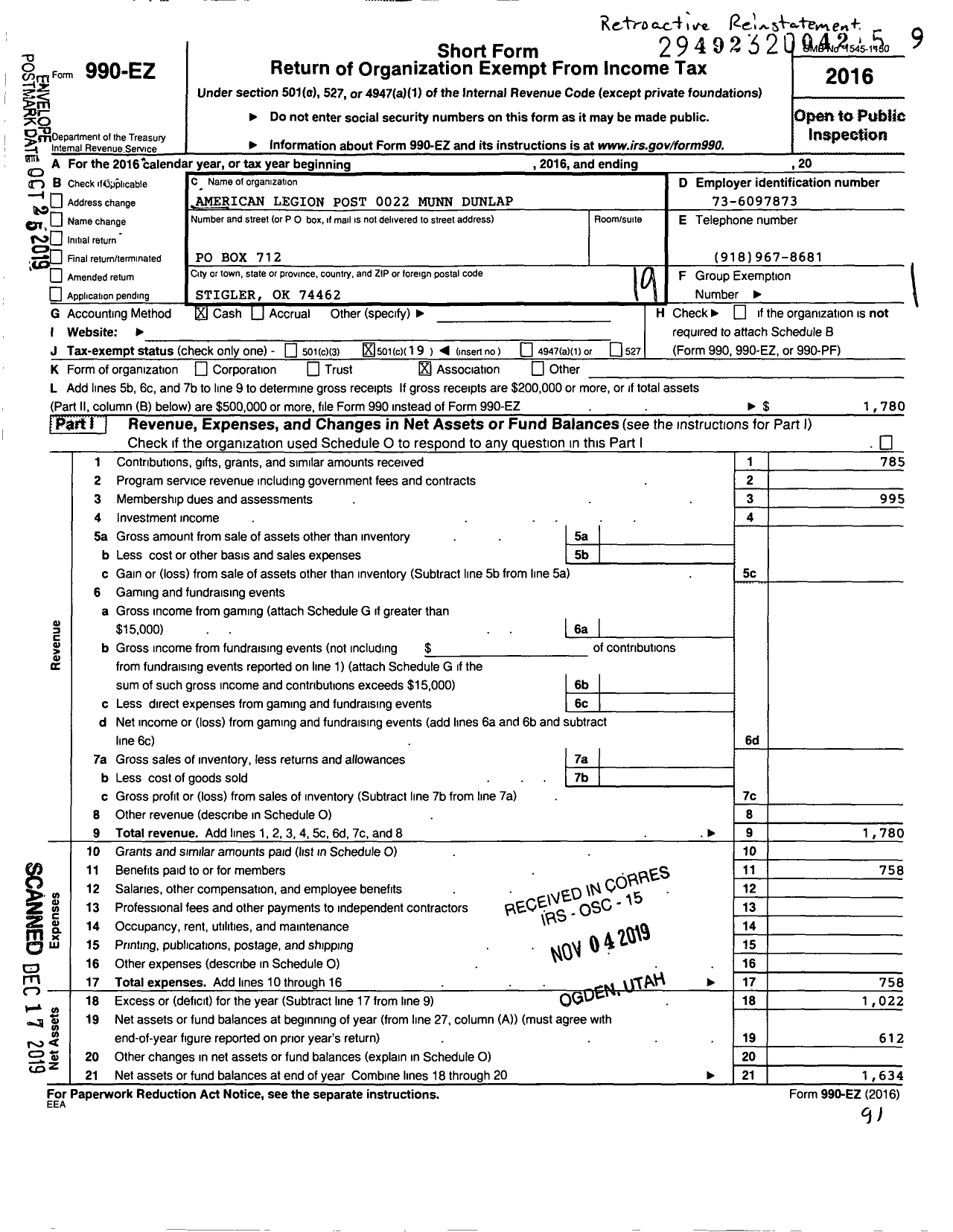 Image of first page of 2016 Form 990EO for American Legion Post 0022 Munn Dunlap