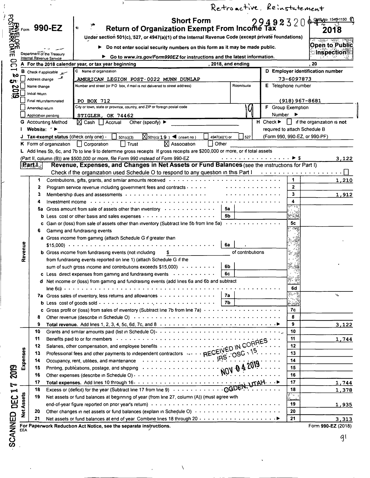 Image of first page of 2018 Form 990EO for American Legion Post 0022 Munn Dunlap