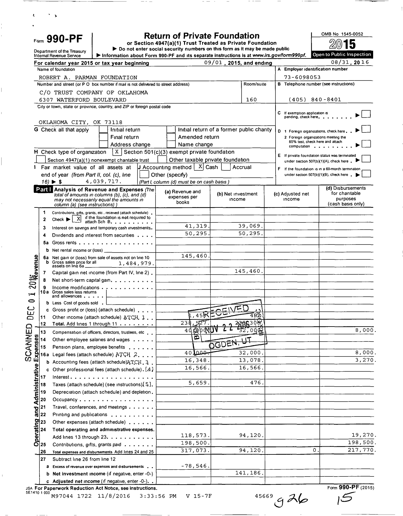 Image of first page of 2015 Form 990PF for Robert A Parman Foundation