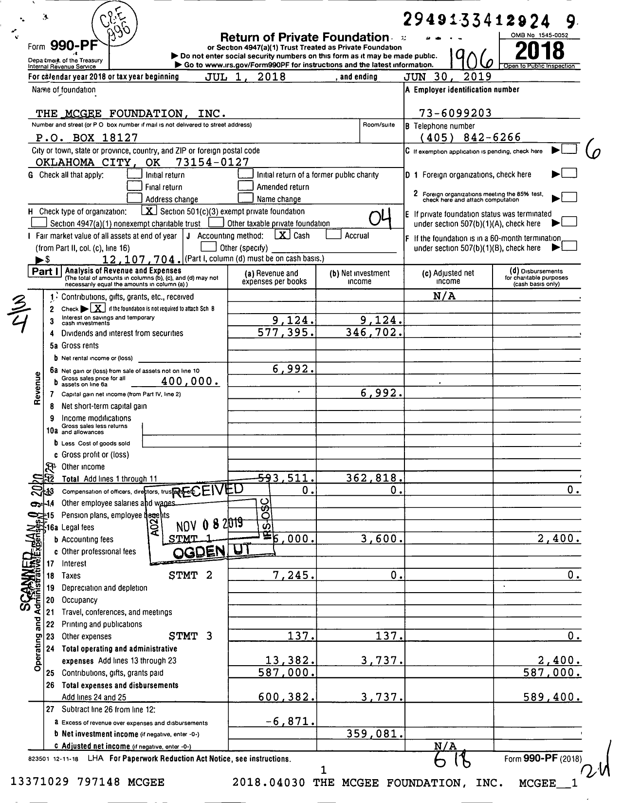 Image of first page of 2018 Form 990PF for The Mcgee Foundation