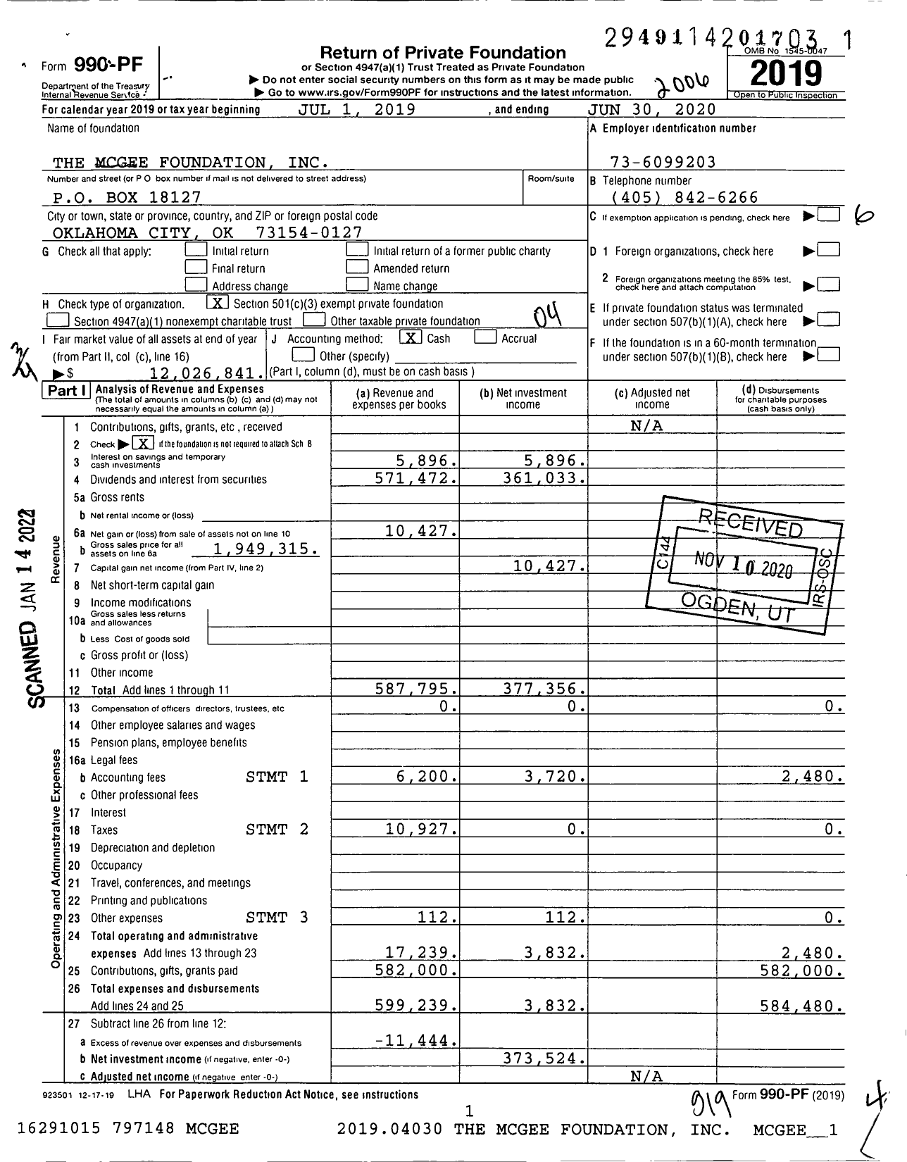 Image of first page of 2019 Form 990PF for The Mcgee Foundation