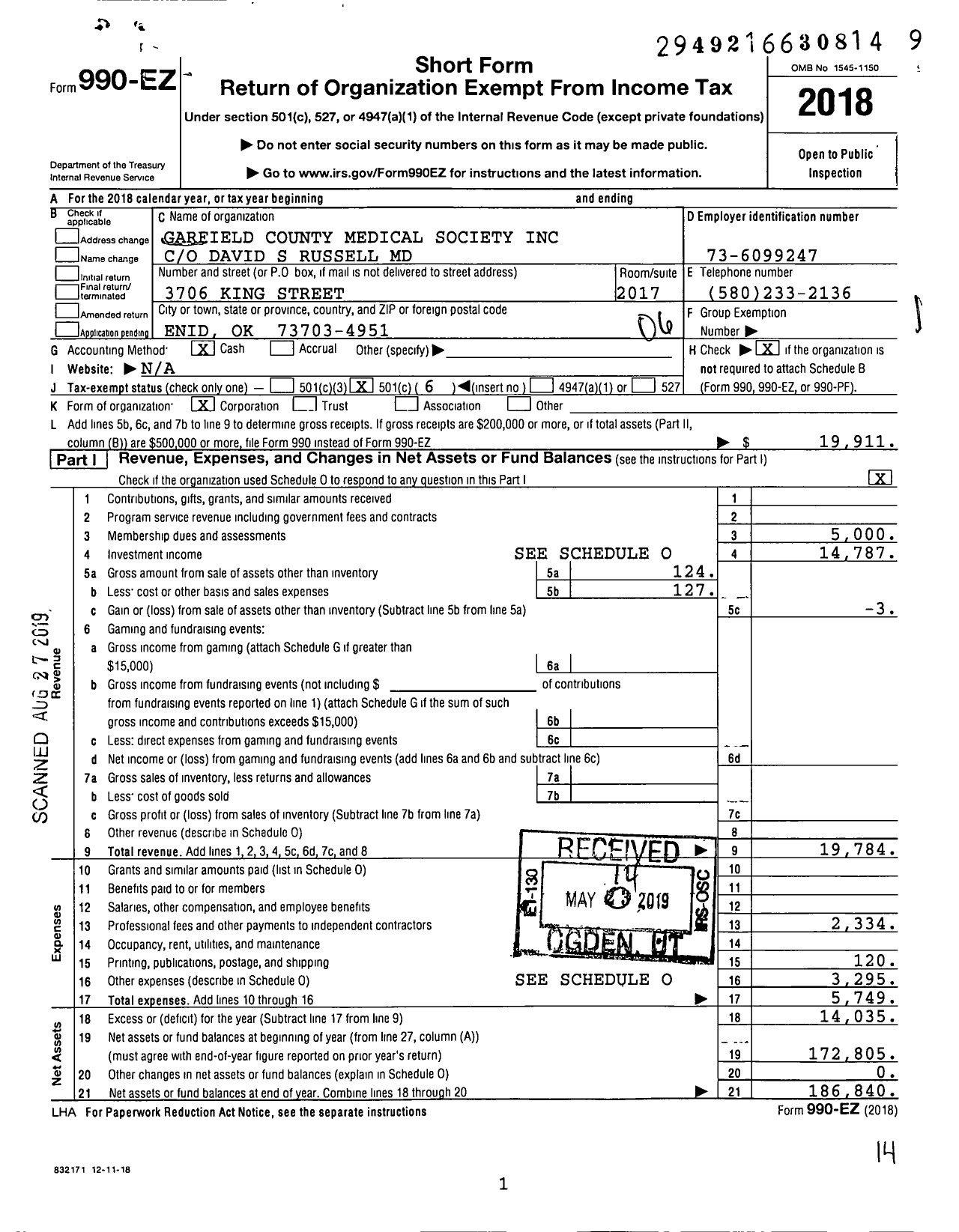 Image of first page of 2018 Form 990EO for Garfield County Medical Society