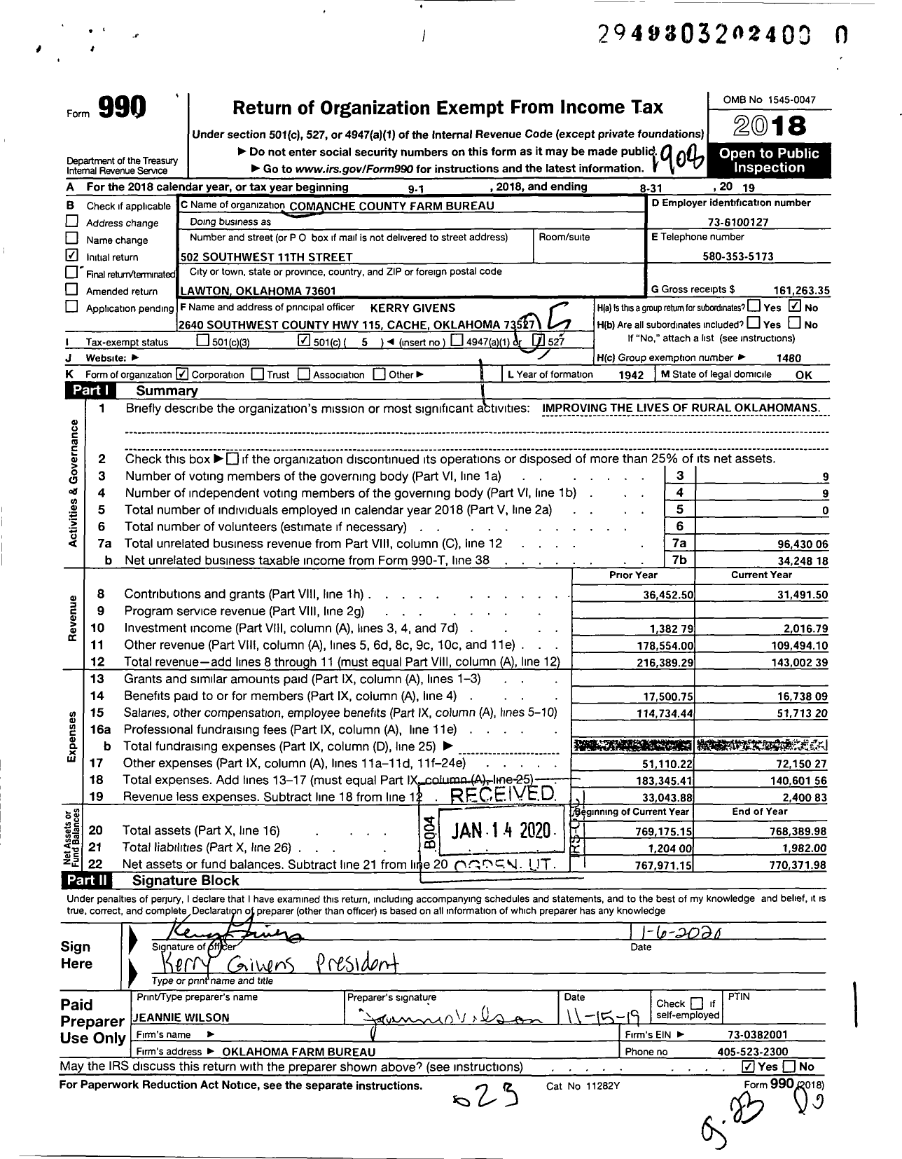 Image of first page of 2018 Form 990O for Oklahoma Farm Bureau - Comanche County