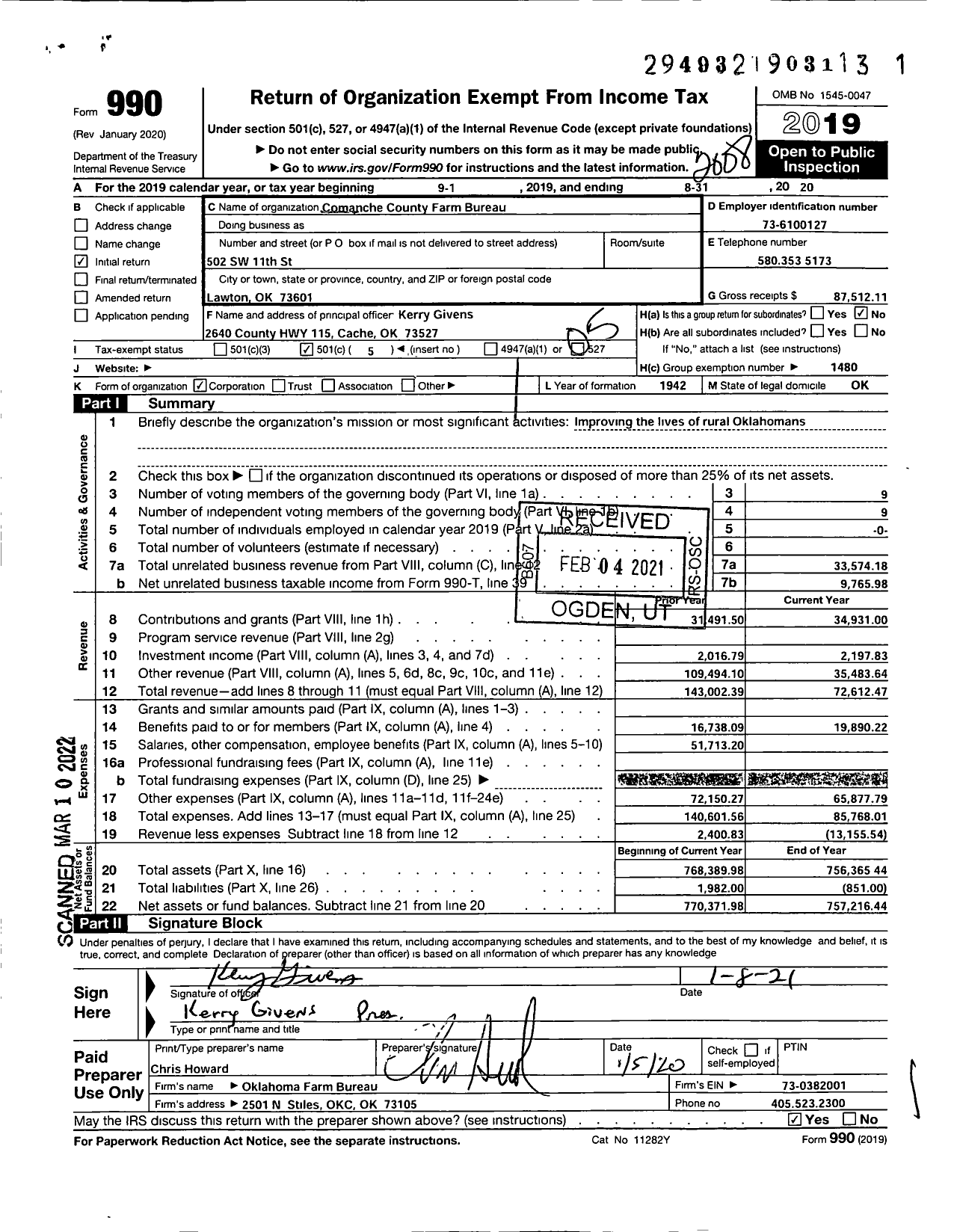 Image of first page of 2019 Form 990O for Oklahoma Farm Bureau - Comanche County