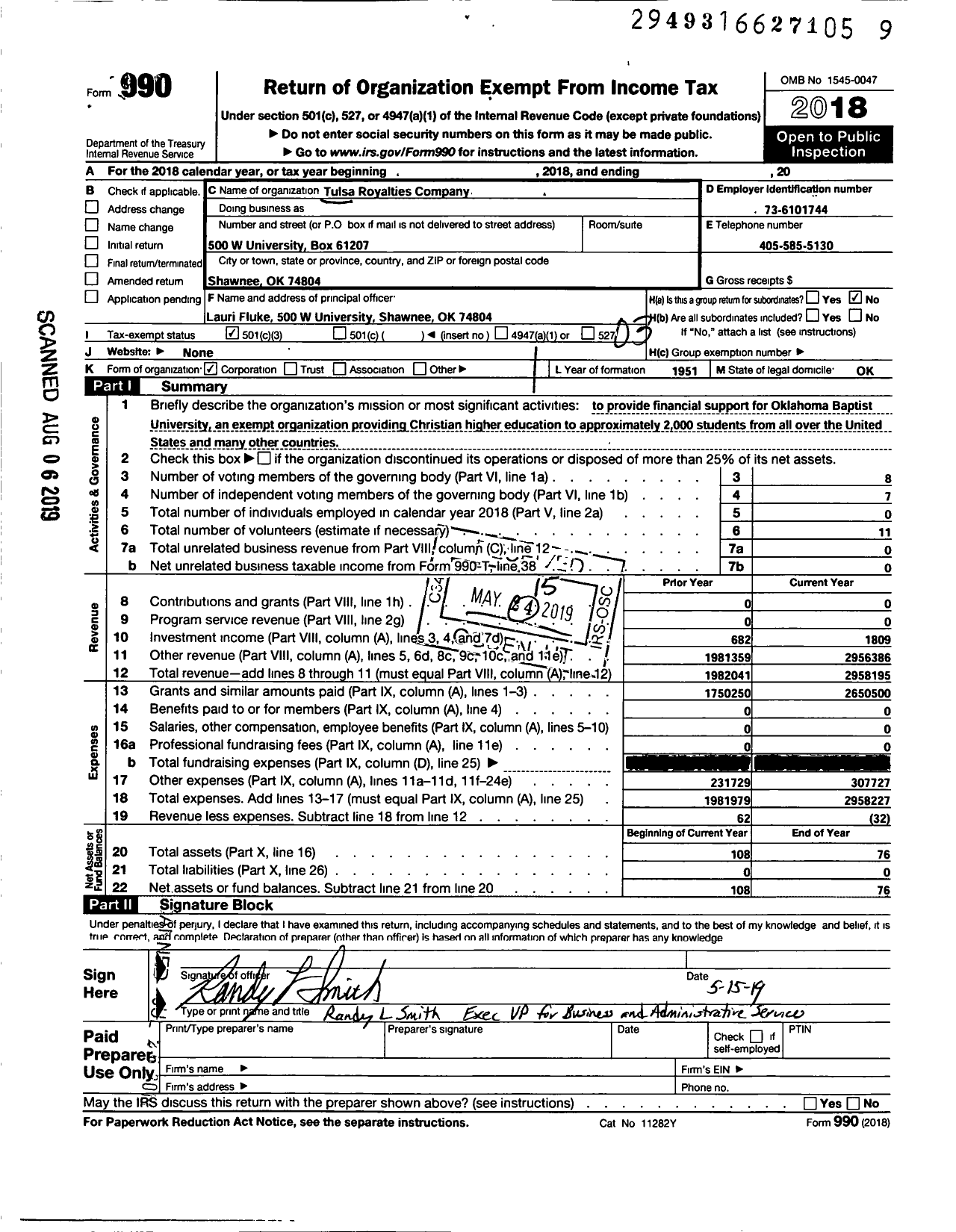 Image of first page of 2018 Form 990 for Tulsa Royalties Company