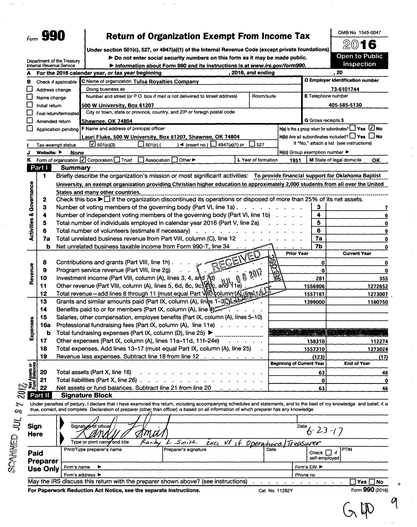 Image of first page of 2016 Form 990 for Tulsa Royalties Company