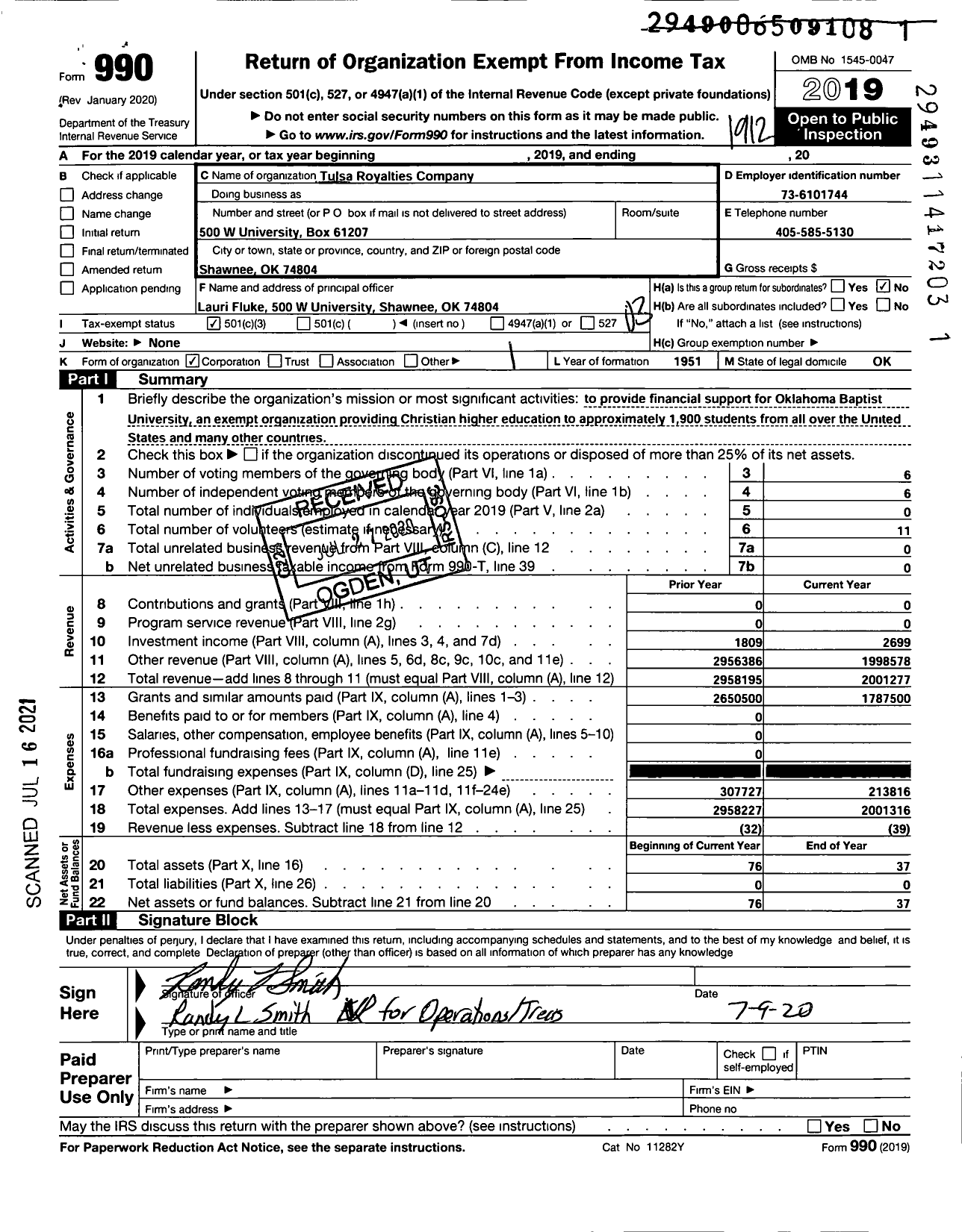 Image of first page of 2019 Form 990 for Tulsa Royalties Company