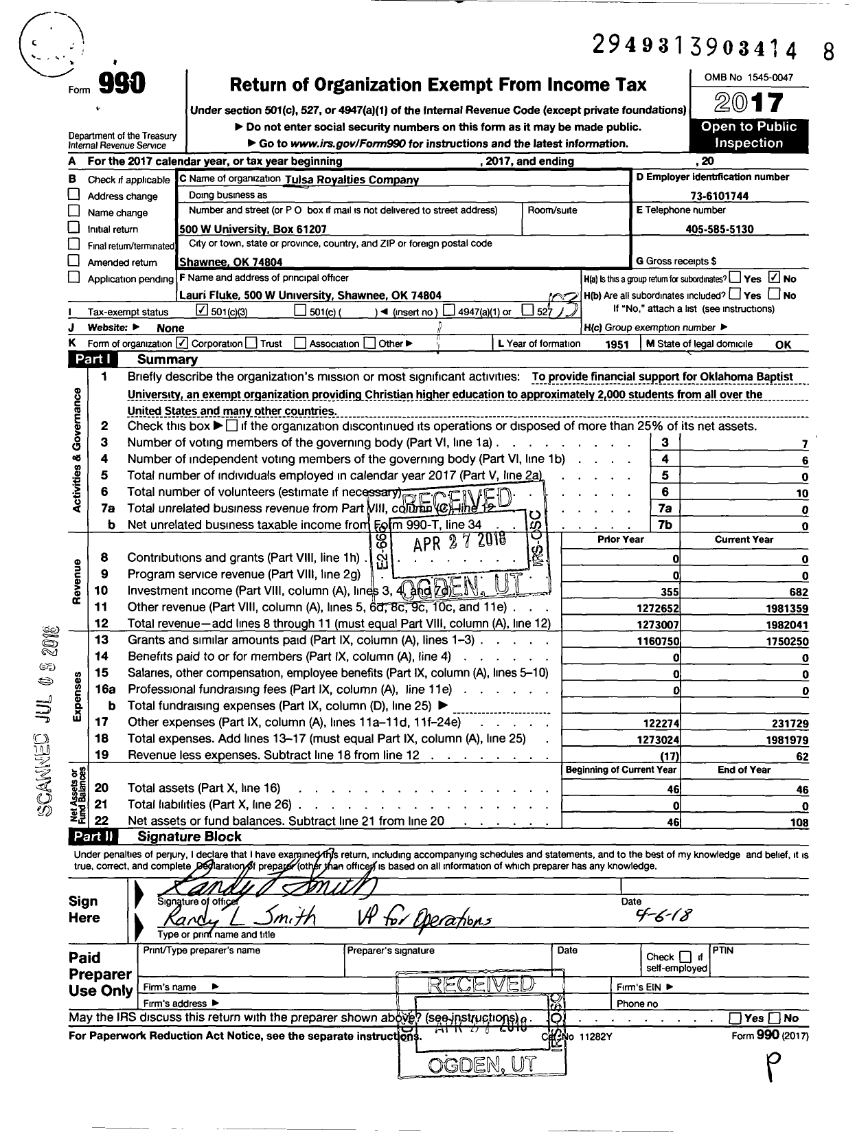 Image of first page of 2017 Form 990 for Tulsa Royalties Company