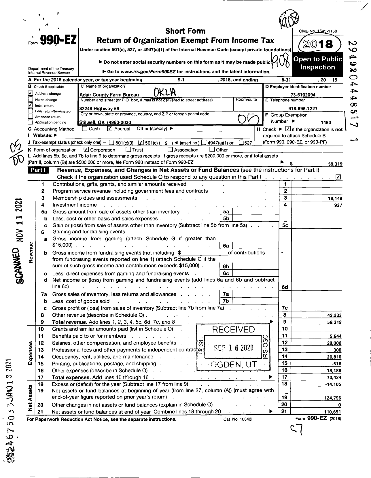 Image of first page of 2018 Form 990EO for Oklahoma Farm Bureau - Adair County