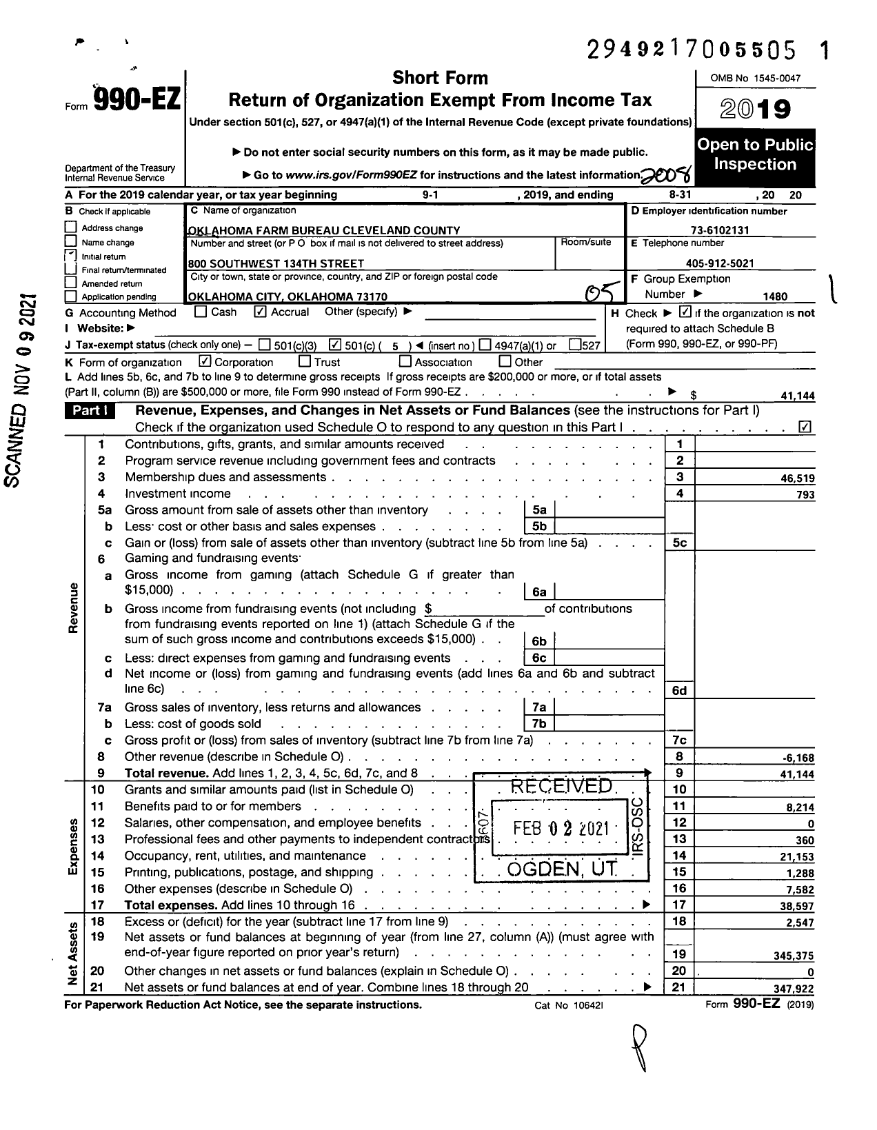 Image of first page of 2019 Form 990EO for Oklahoma Farm Bureau - Cleveland County