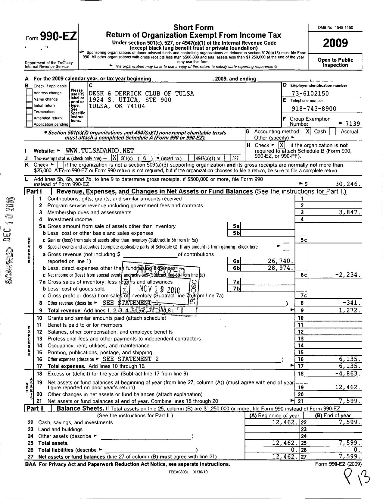 Image of first page of 2009 Form 990EO for Association of Desk and Derrick Clubs / Tulsa