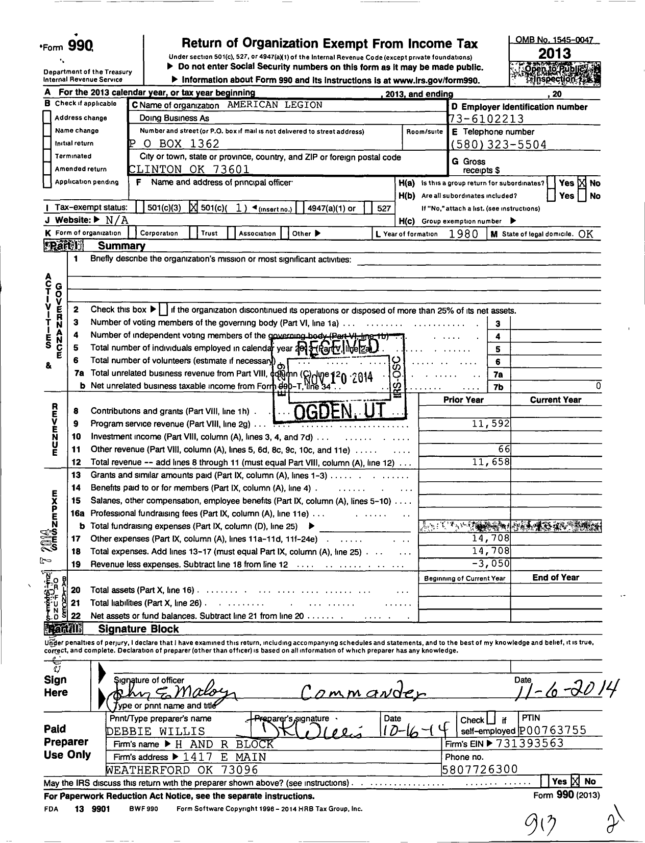 Image of first page of 2013 Form 990O for American Legion Post 41 / Post 41 Hobbs Ogle Power