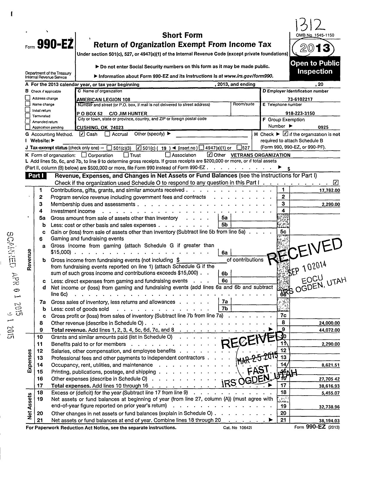 Image of first page of 2013 Form 990EO for American Legion Post 108 Cushing OK