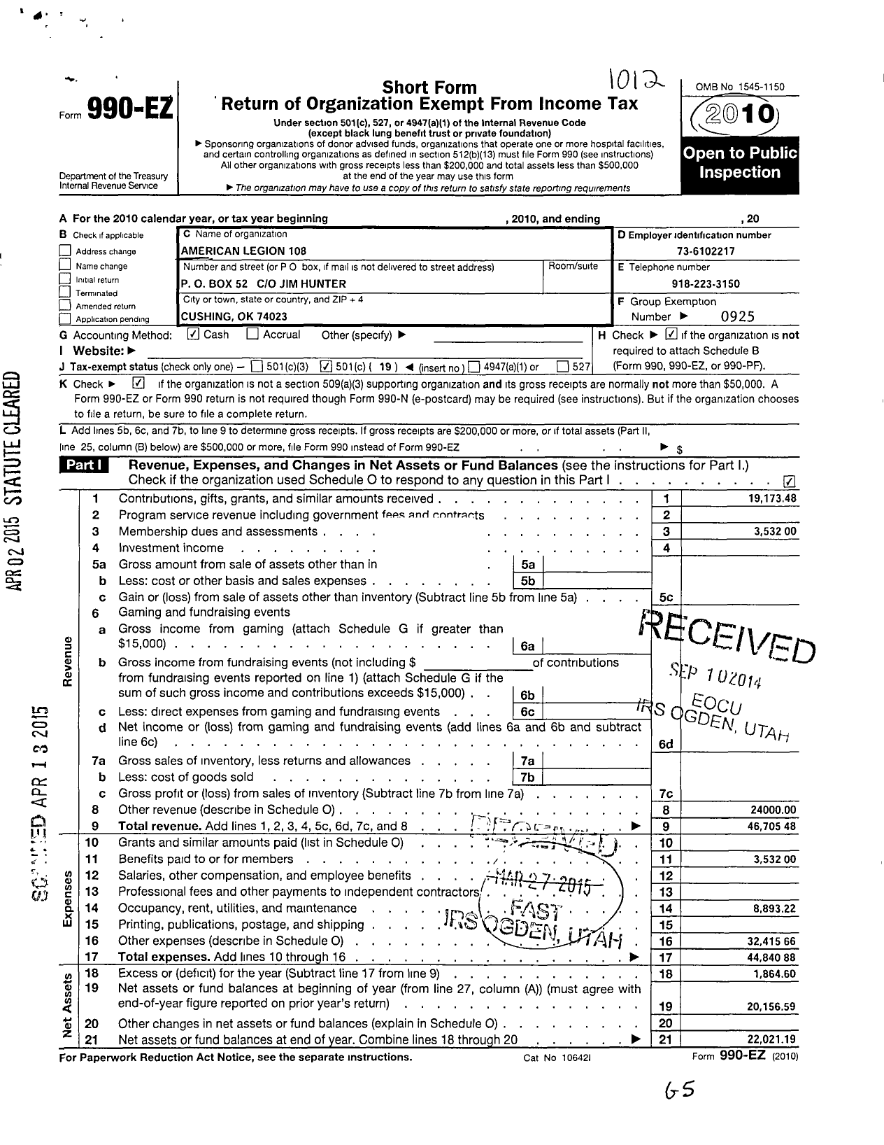 Image of first page of 2010 Form 990EO for American Legion Post 108 Cushing OK