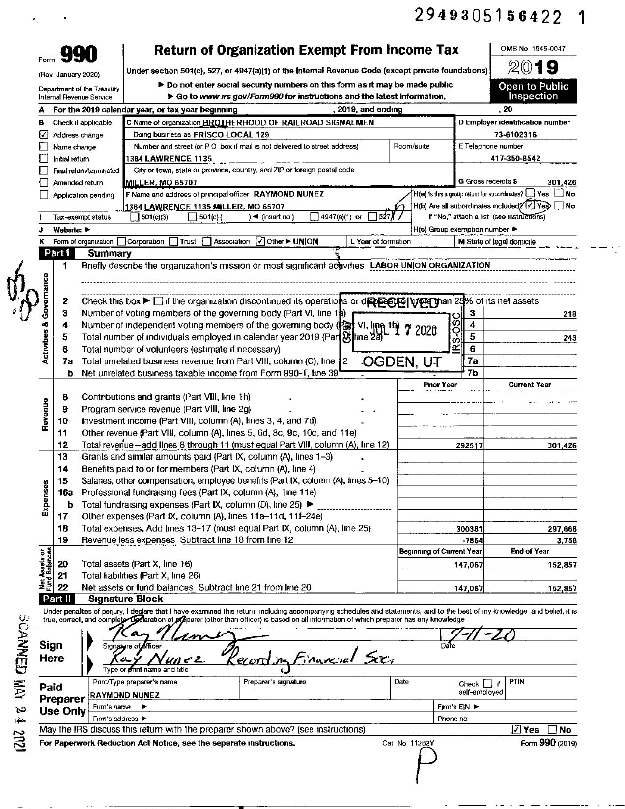 Image of first page of 2019 Form 990O for Brotherhood of Railroad Signalmen - 129 Frisco Local