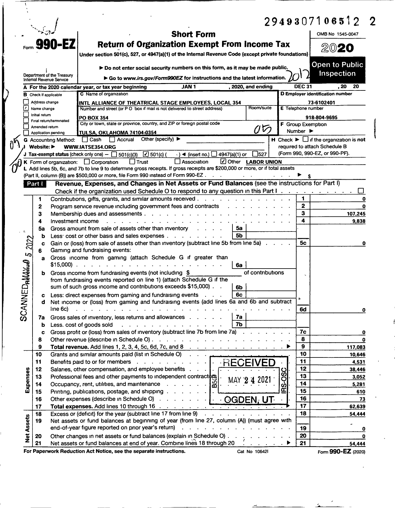 Image of first page of 2020 Form 990EO for International Alliance of Theatrical Stage Employees - 354 Local